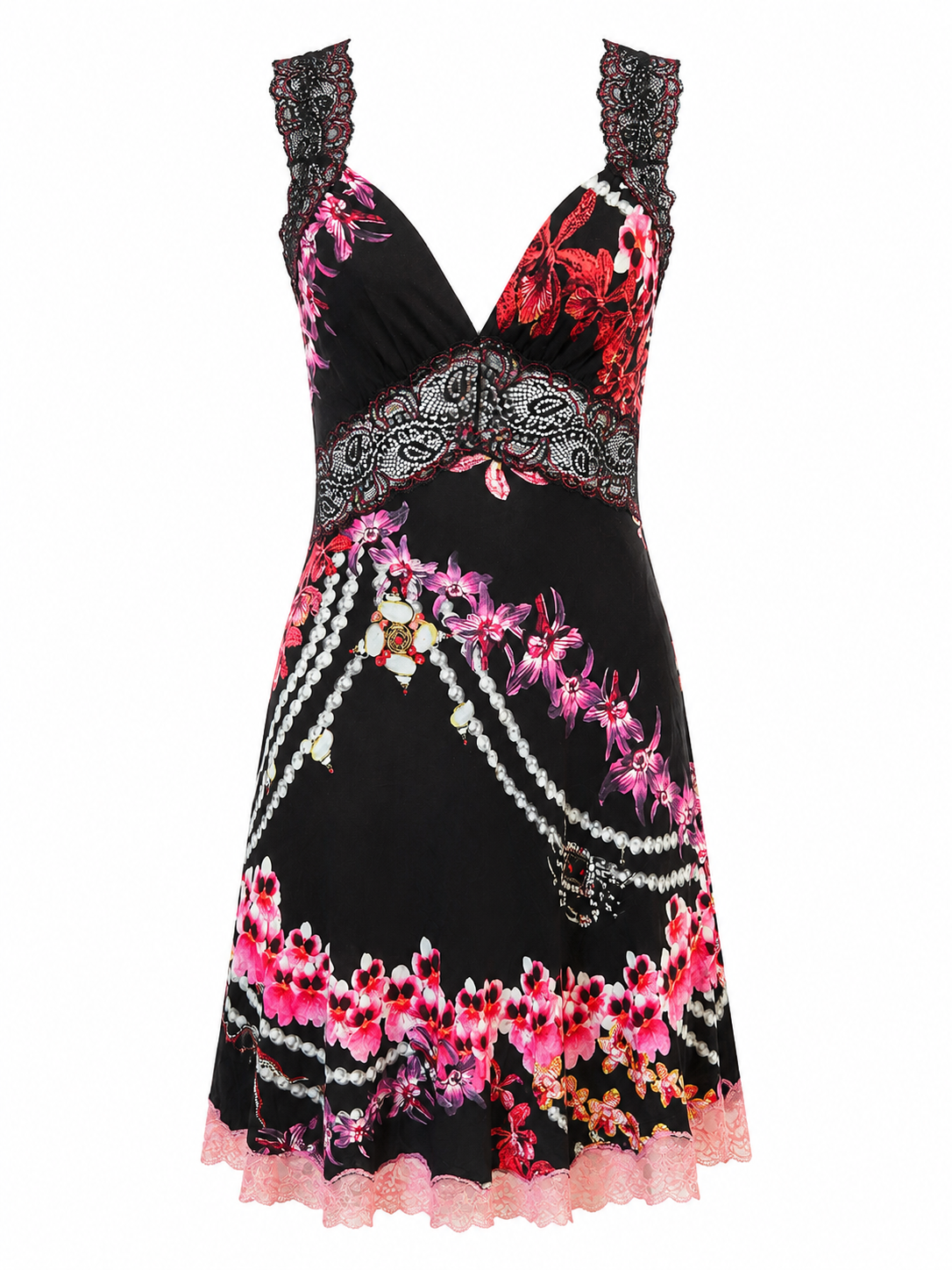 BLACK ORCHID & PEARL PRINTED LACE MINI DRESS