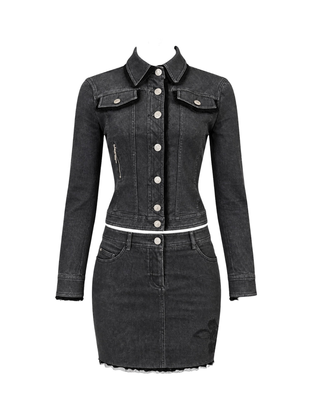FW05 BLACK DENIM FLORAL JACKET & SKIRT SET @SM