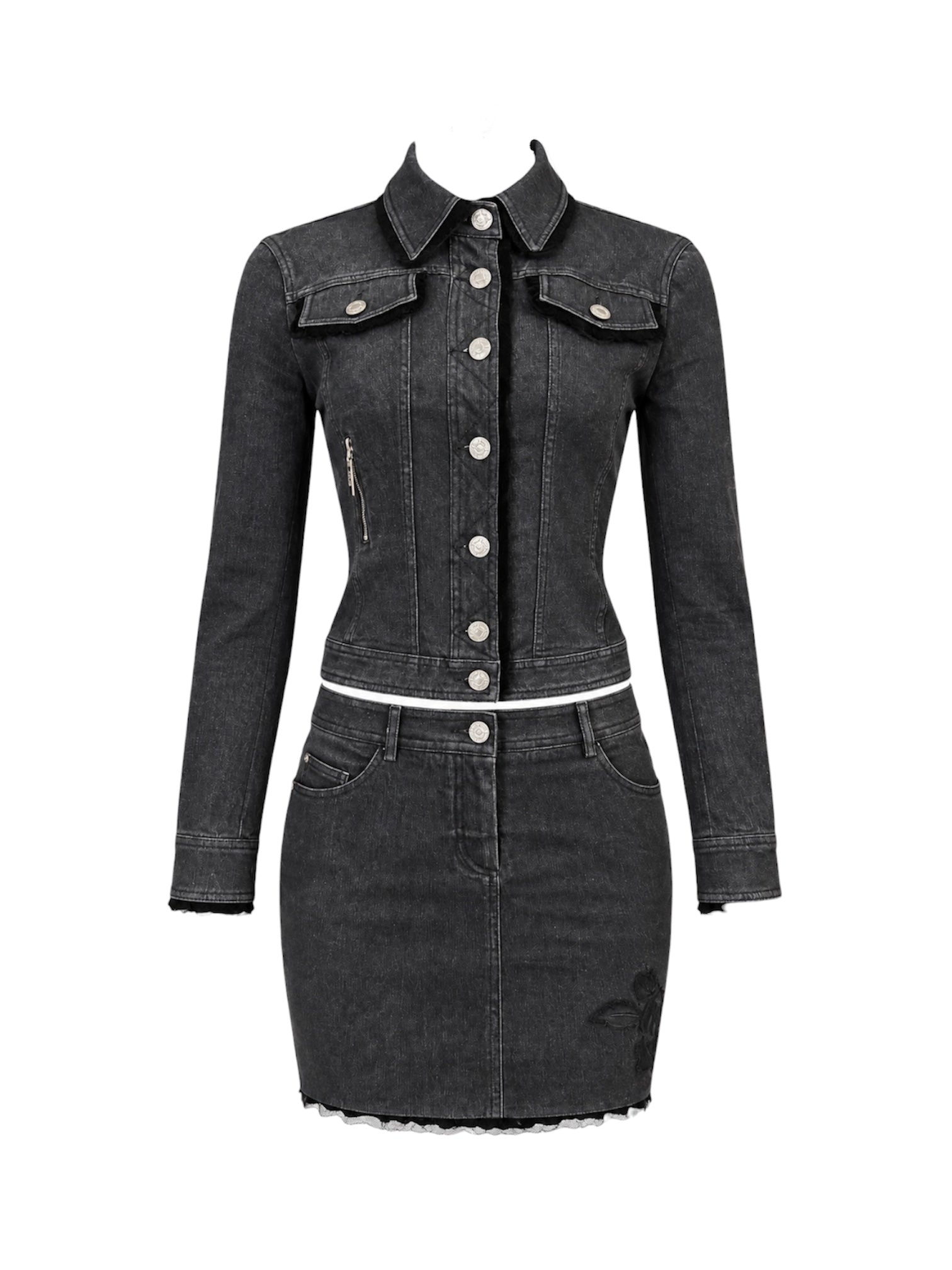 FW05 BLACK DENIM FLORAL JACKET & SKIRT SET @SM