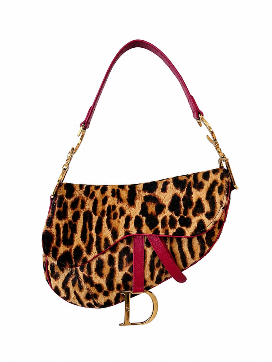 2004 LEOPARD PONYHAIR & RED LEATHER SADDLE BAG