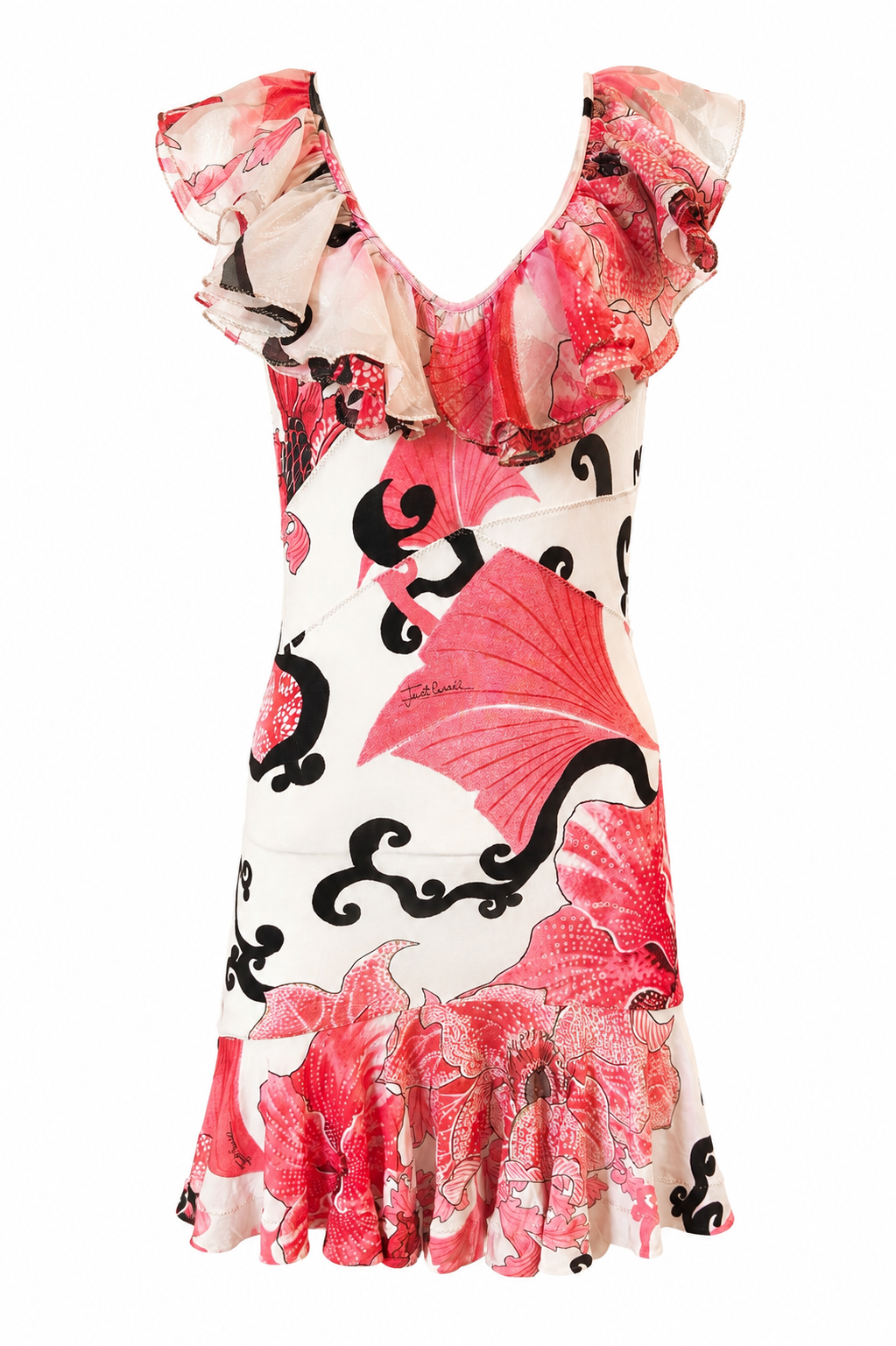 CORAL & WHITE HIBISCUS PRINT RUFFLE MINI DRESS