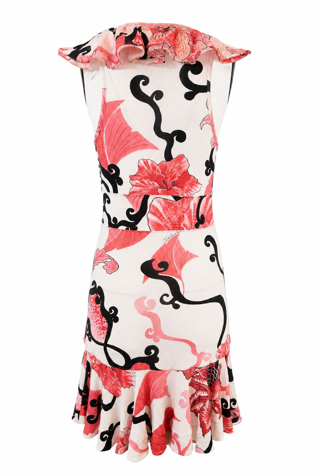 CORAL & WHITE HIBISCUS PRINT RUFFLE MINI DRESS