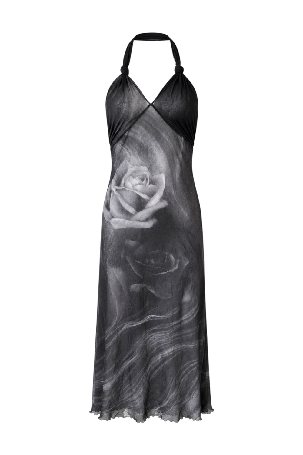 SS00 BLACK/GREY MESH ROSE PRINTED HALTER DRESS