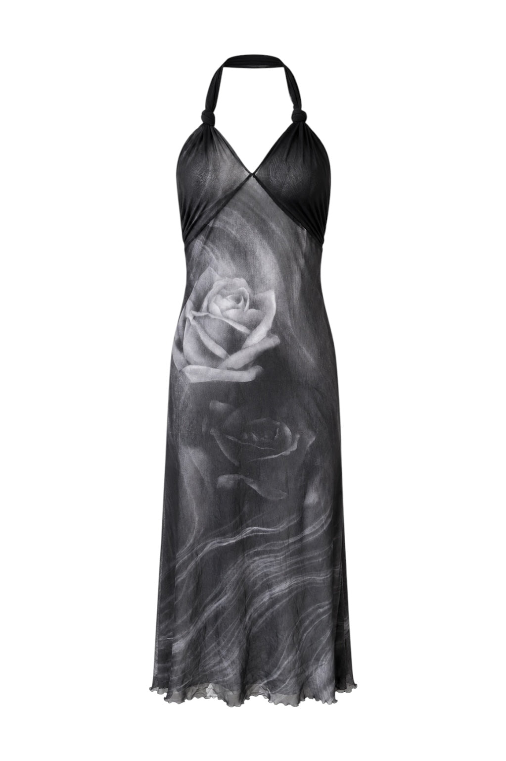 SS00 BLACK/GREY MESH ROSE PRINTED HALTER DRESS