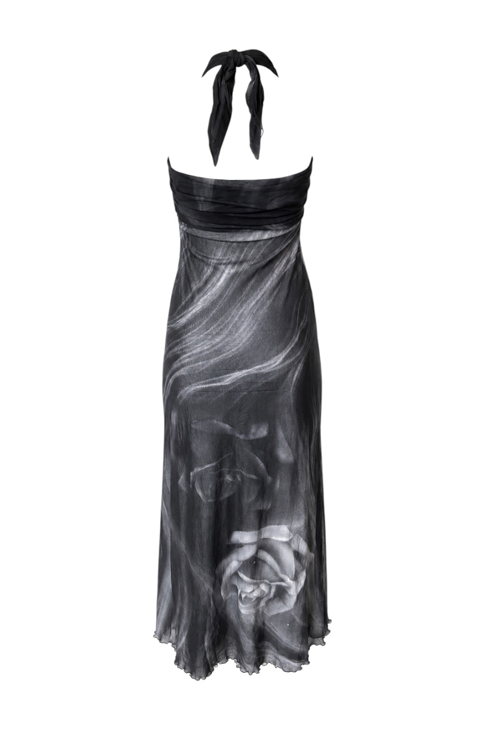 SS00 BLACK/GREY MESH ROSE PRINTED HALTER DRESS