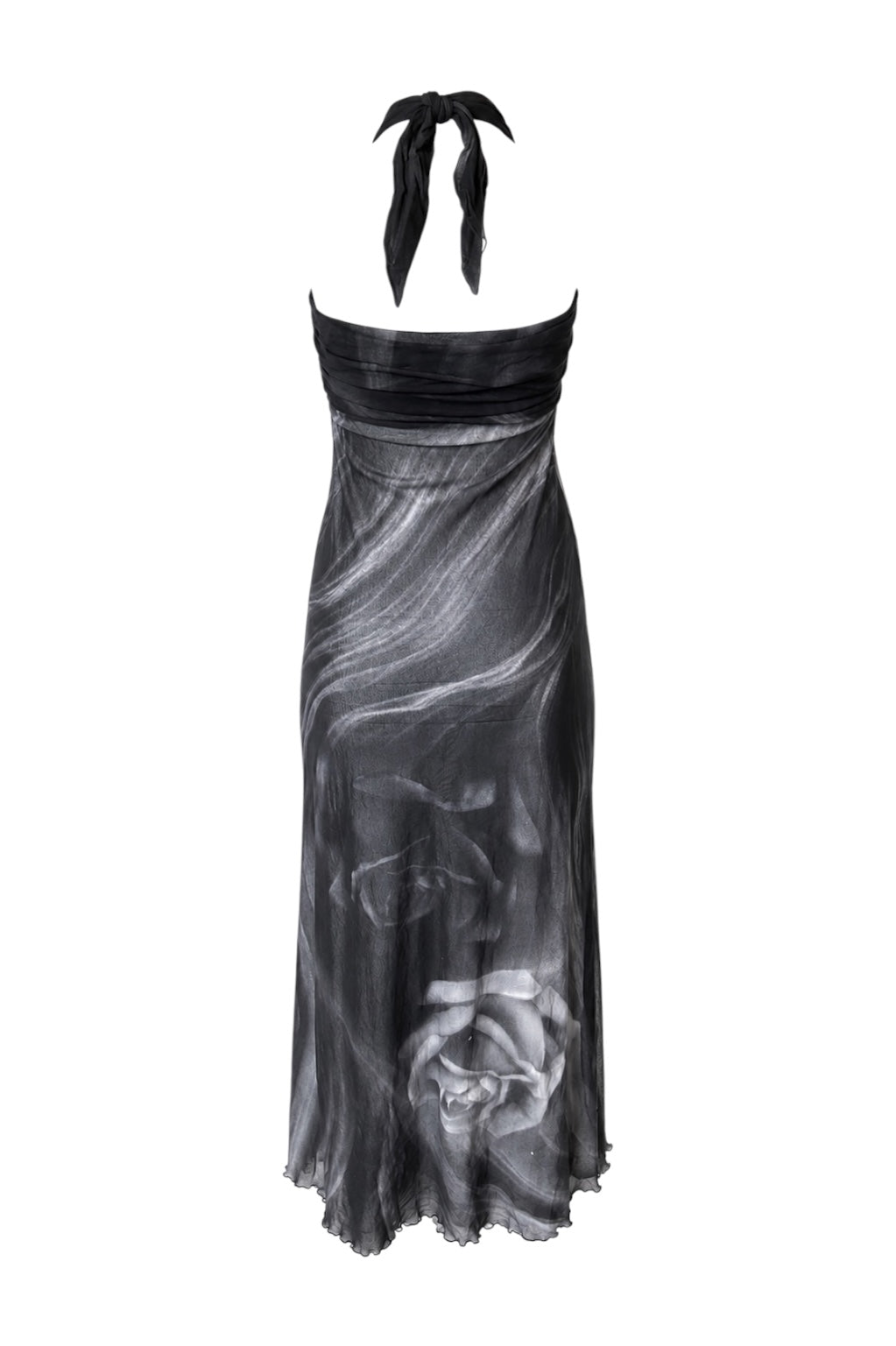 SS00 BLACK/GREY MESH ROSE PRINTED HALTER DRESS