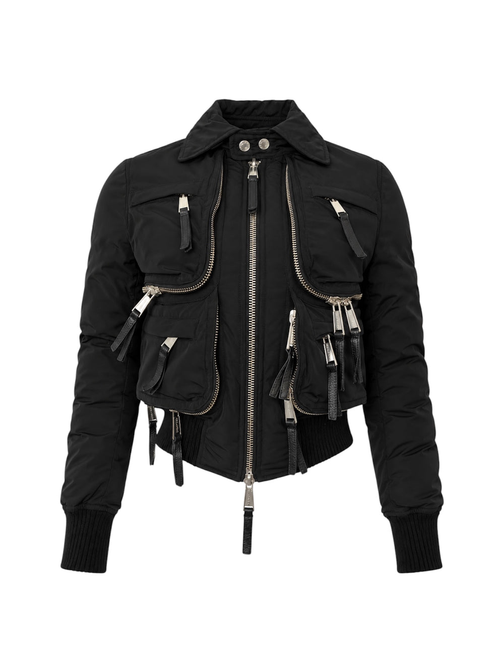 BLACK MULTI CARGO POCKET CROPPED PUFFER JACKET @SM