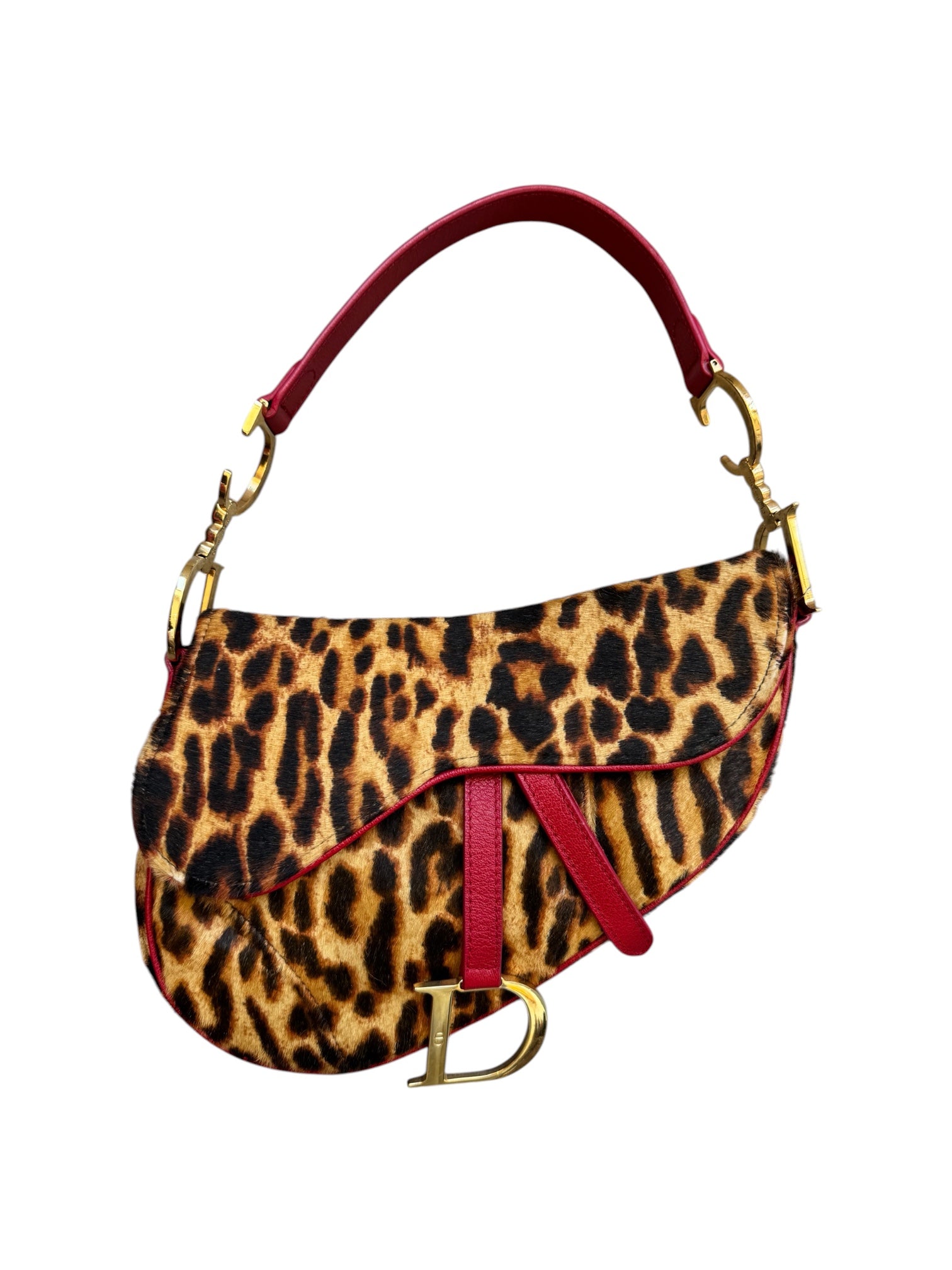 2004 LEOPARD PONYHAIR & RED LEATHER SADDLE BAG