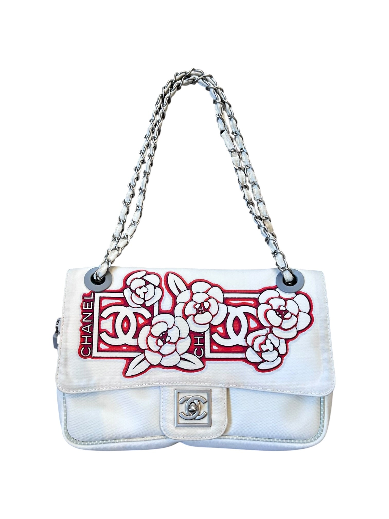 05/06 RED/WHITE CAMELIA FLORAL/CC LOGO SHOULDER BAG