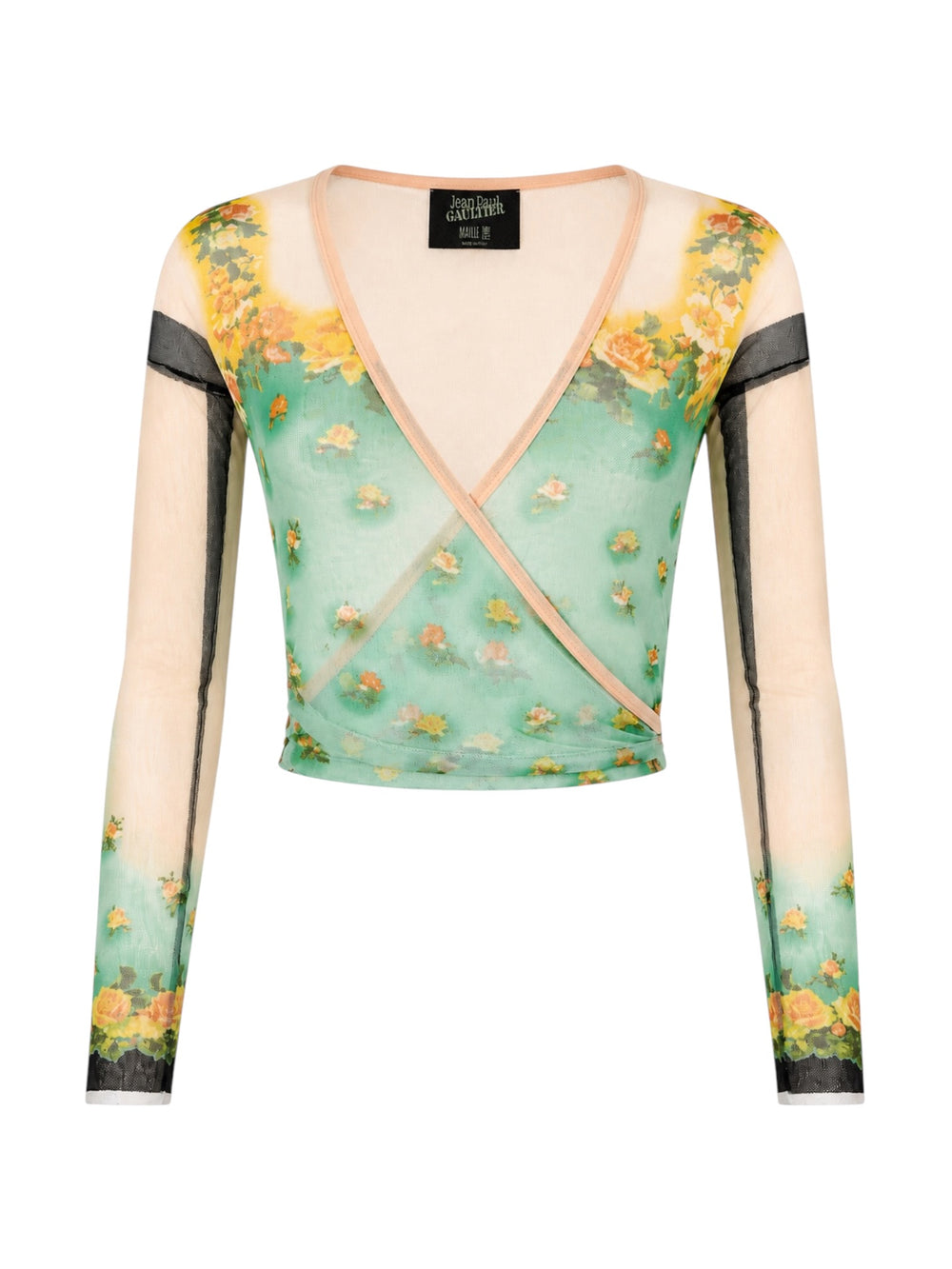 2001 GREEN/PEACH FLORAL MESH L/S WRAP TOP @PARISD