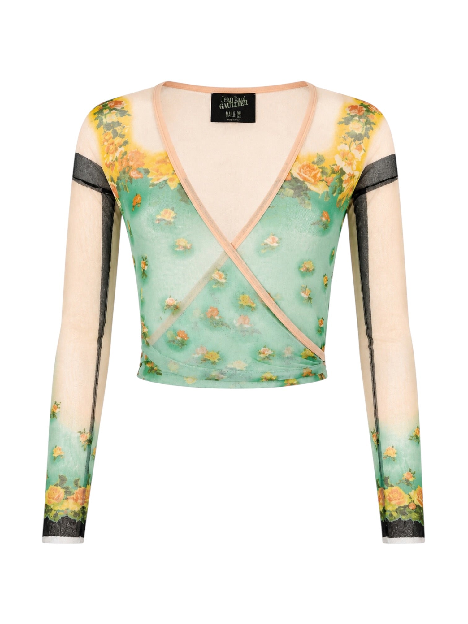 2001 GREEN/PEACH FLORAL MESH L/S WRAP TOP @PARISD