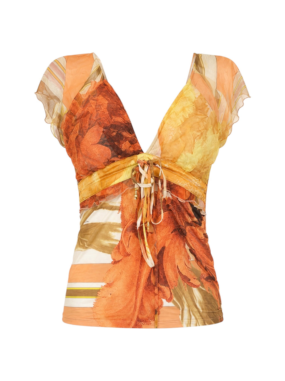 ORANGE FLORAL/BROCADE TIE UP TANK W SILK SLEEVE @PARISD