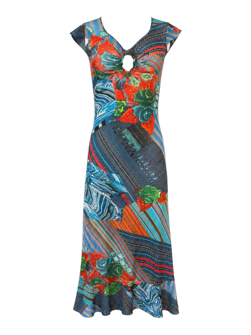 BLUE SPARKLY FLORAL KEYHOLE MESH MAXI DRESS