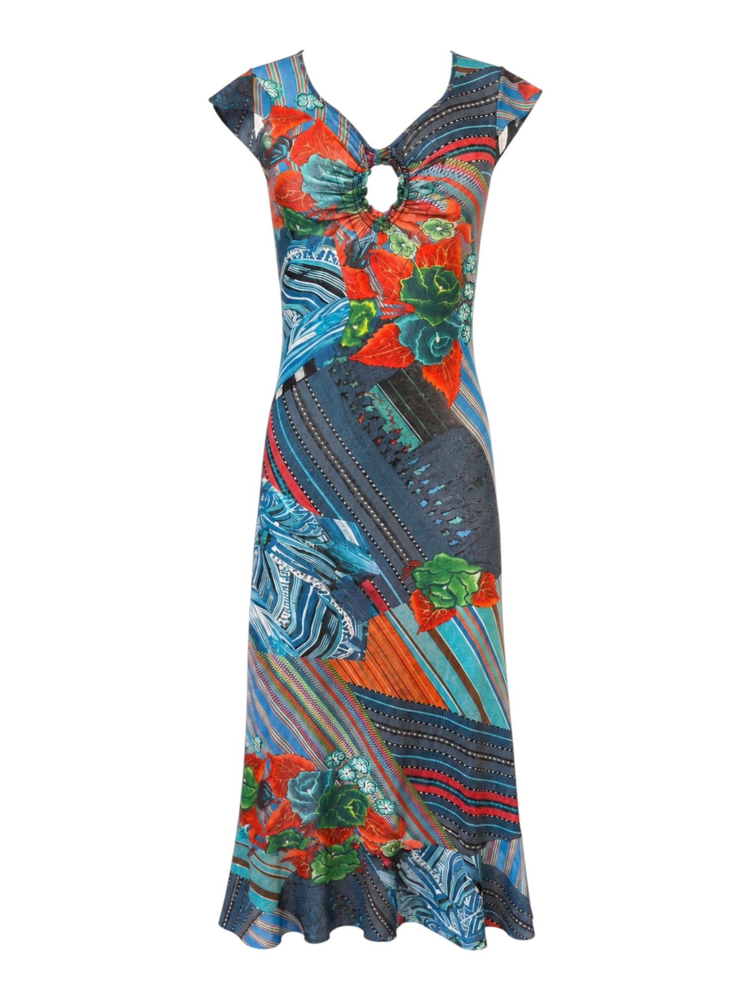 BLUE SPARKLY FLORAL KEYHOLE MESH MAXI DRESS