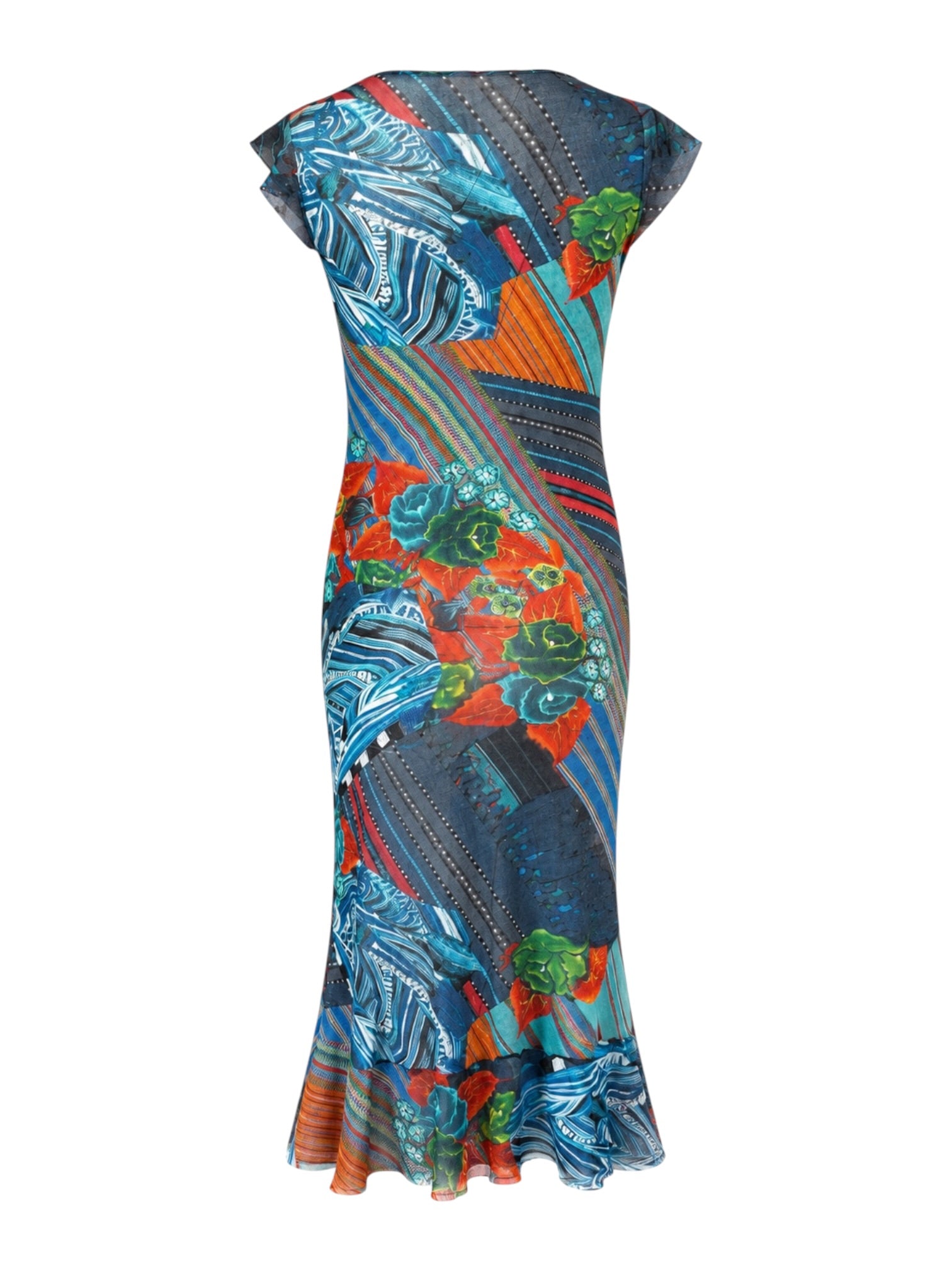 BLUE SPARKLY FLORAL KEYHOLE MESH MAXI DRESS