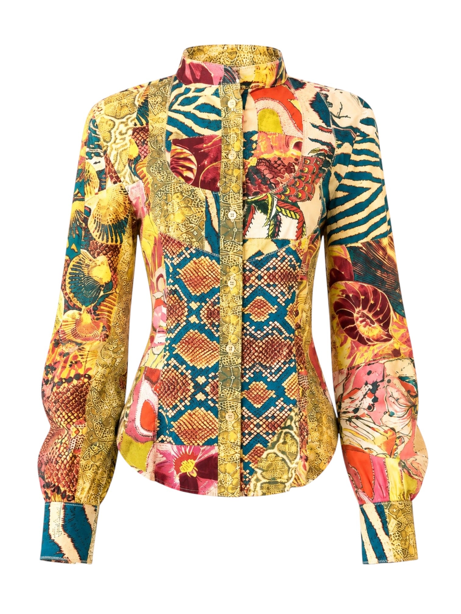 MULTICOLOR NAUTICAL/SNAKESKIN PATCHWORK B/D TOP
