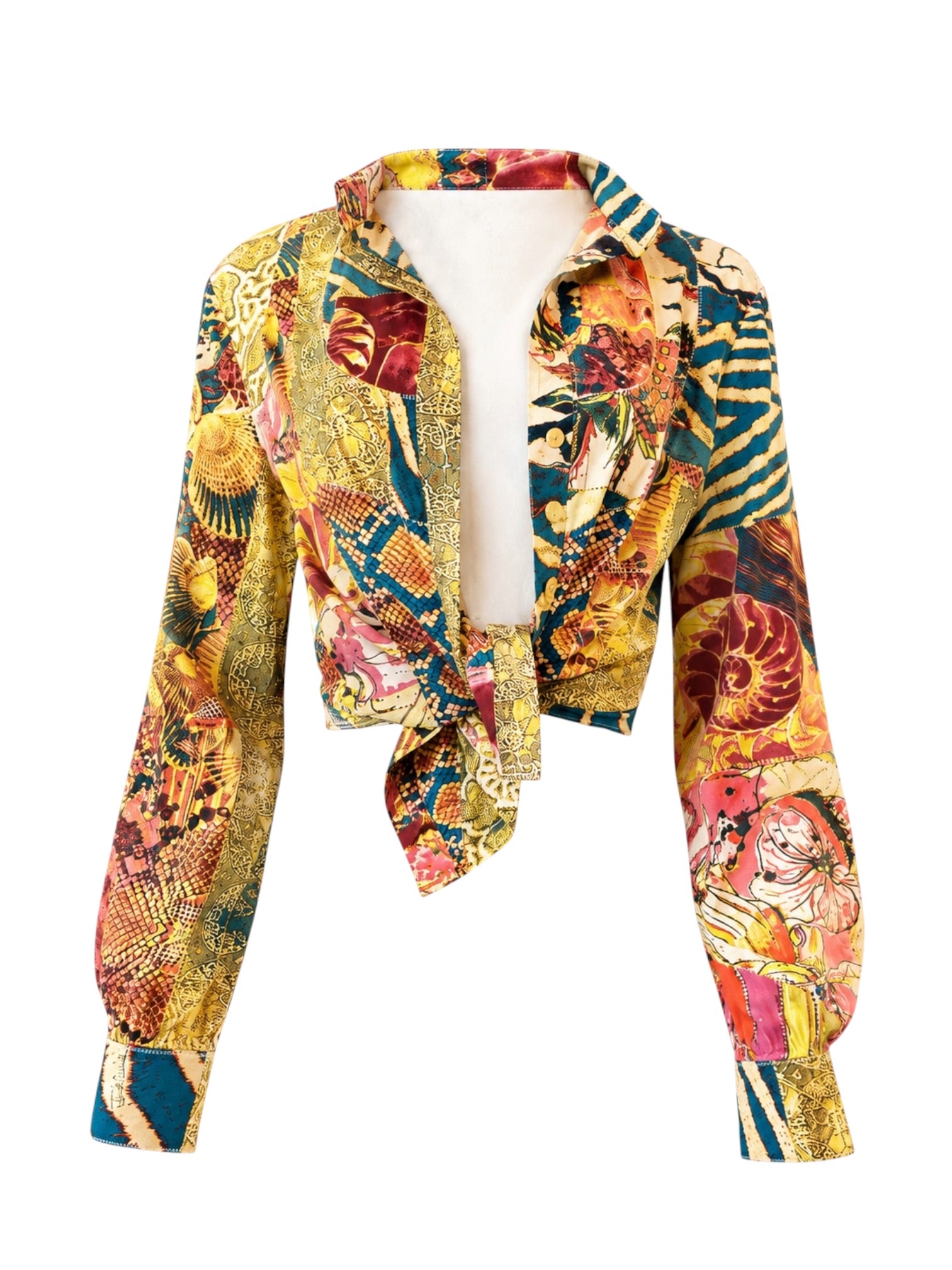 MULTICOLOR NAUTICAL/SNAKESKIN PATCHWORK B/D TOP