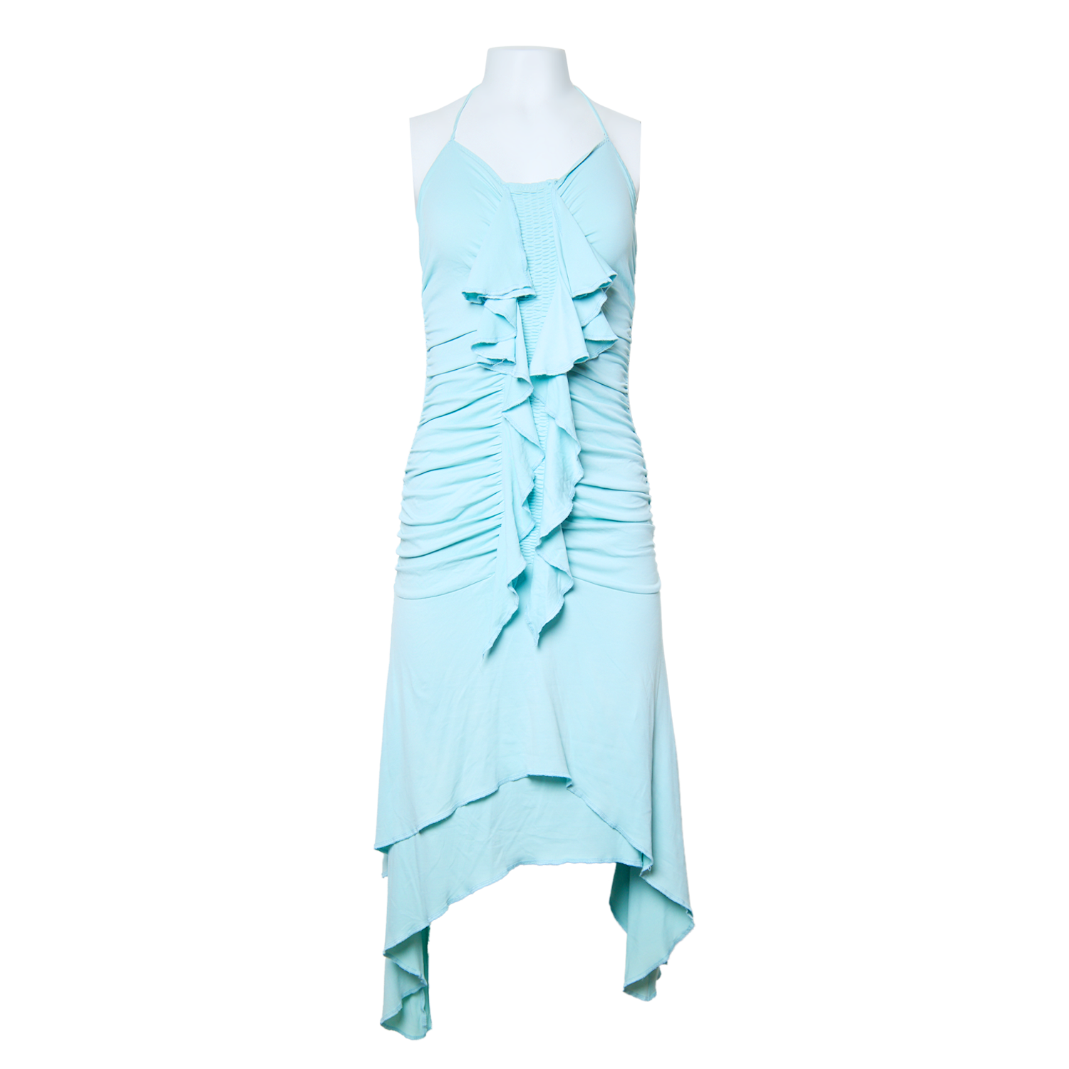 2000S RUFFLED BLUE HALTER DRESS