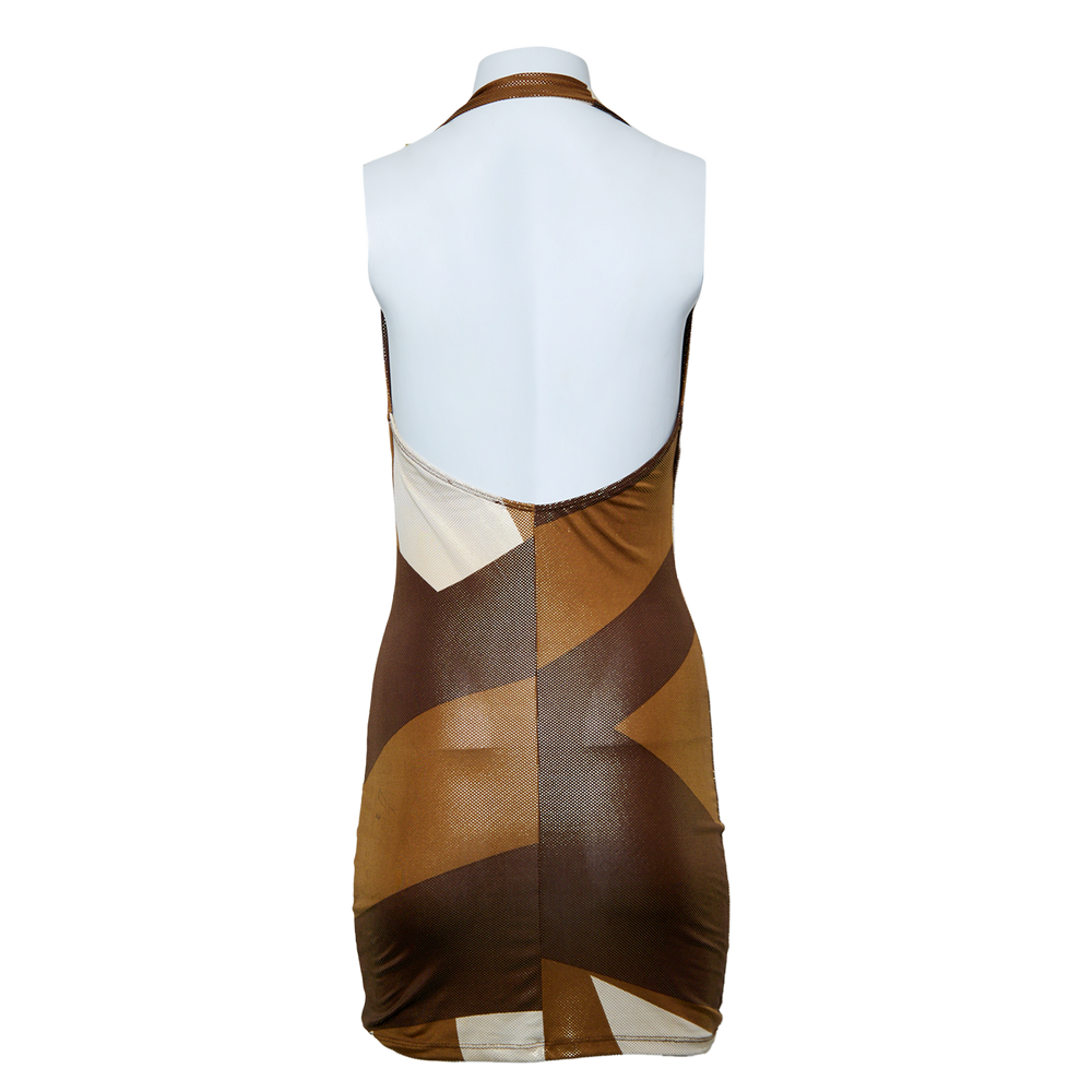 BROWN PATCHWORK PRINT SHIMMERY HALTER DRESS