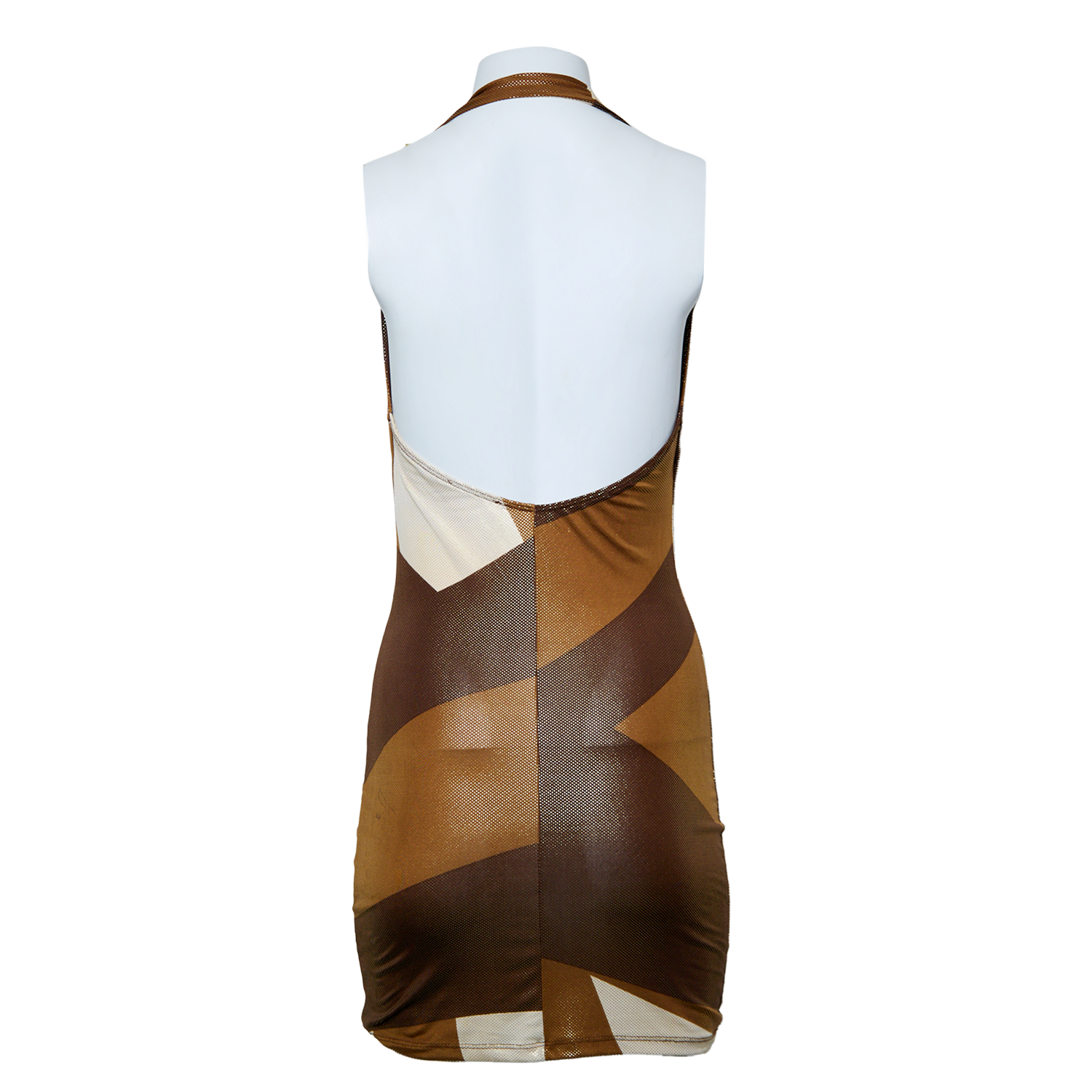 BROWN PATCHWORK PRINT SHIMMERY HALTER DRESS