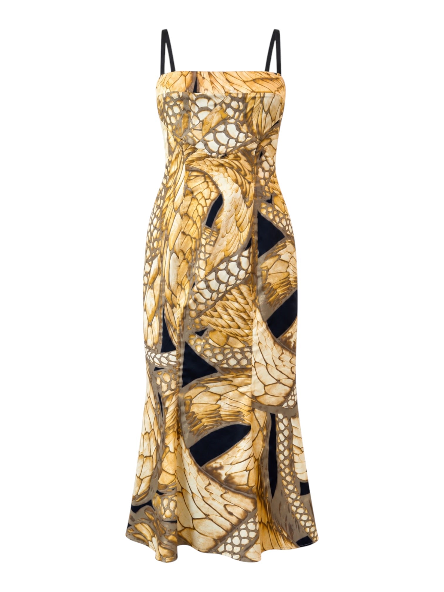 GOLD/BROWN SNAKE PRINT MERMAID CUT MIDI DRESS @KALBE