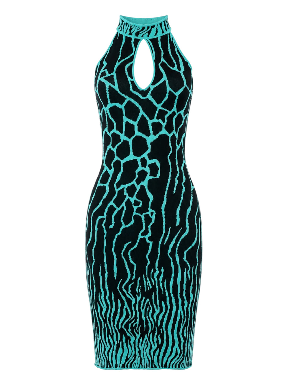 TURQUOISE & BLACK KNIT KEYHOLE HALTER DRESS