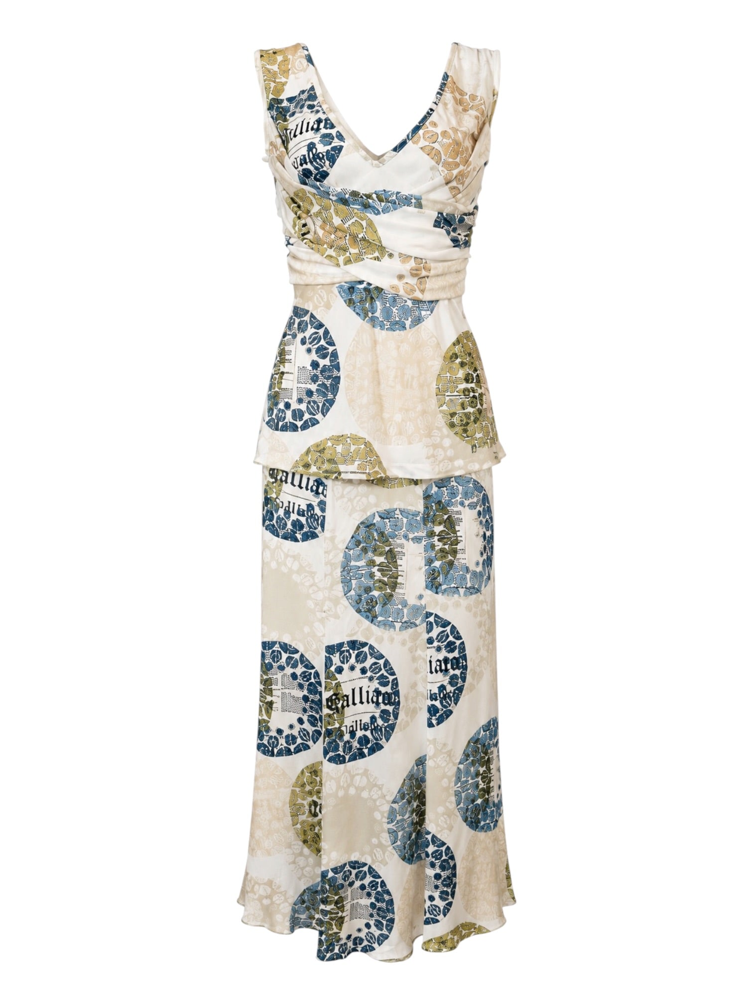 WHITE NEWSPAPER/DOT PRINT SILK MAXI SKIRT/TOP SET