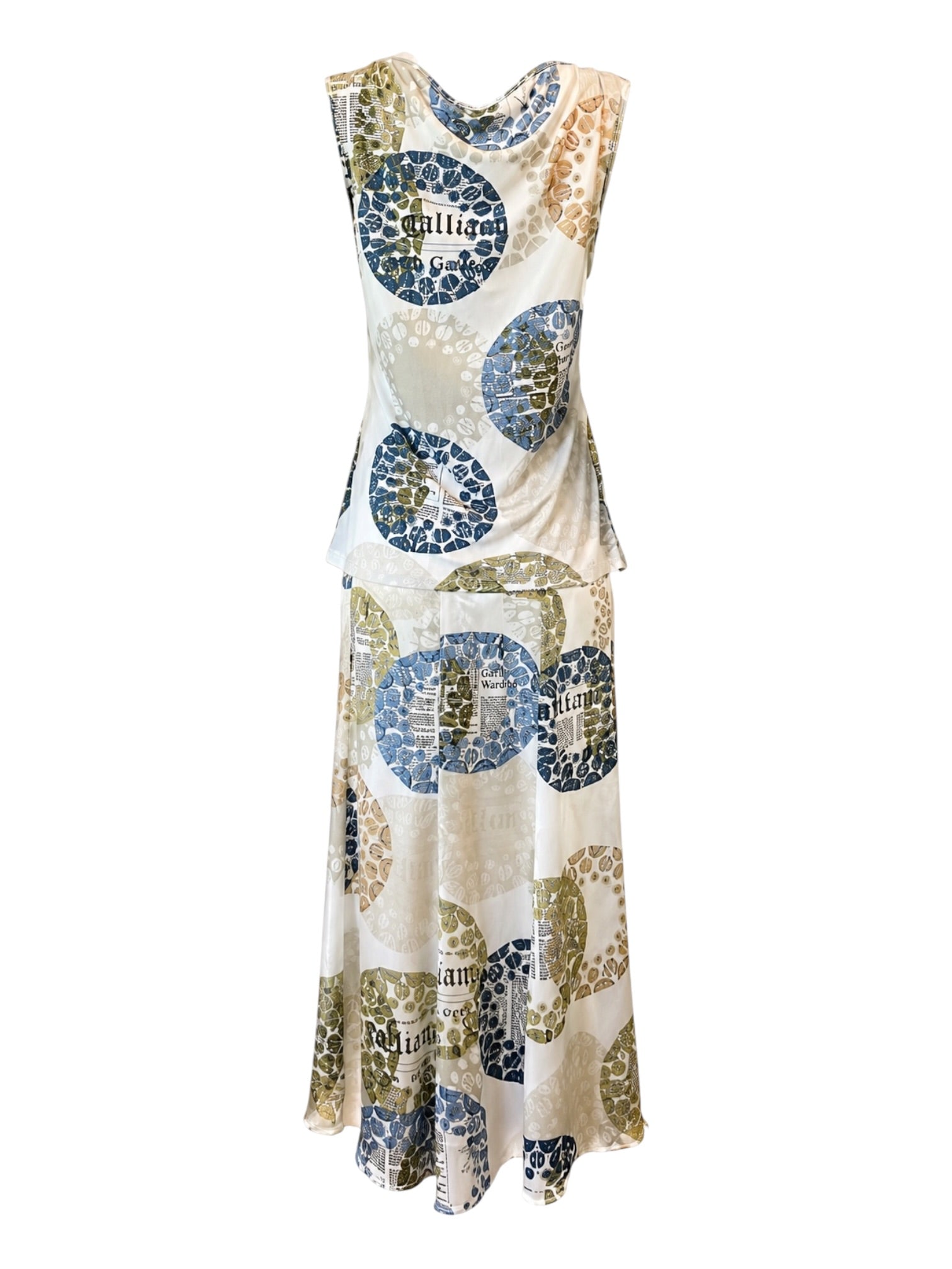 WHITE NEWSPAPER/DOT PRINT SILK MAXI SKIRT/TOP SET