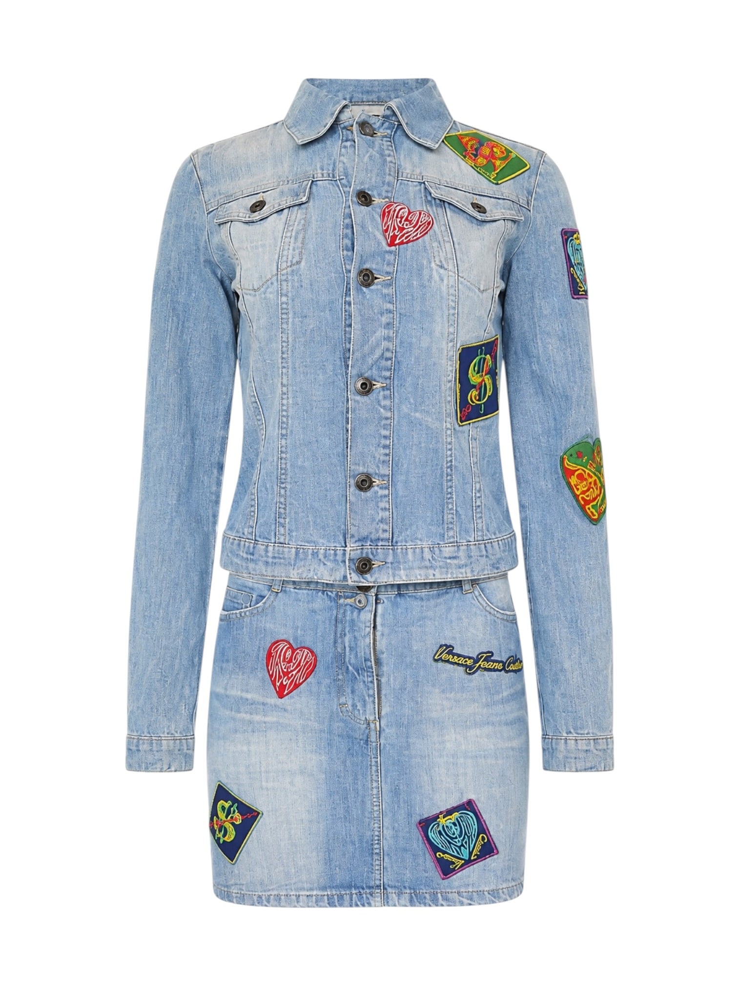 LIGHTWASH DENIM PATCH 2PC SKIRT/JACKET SET (AS IS)
