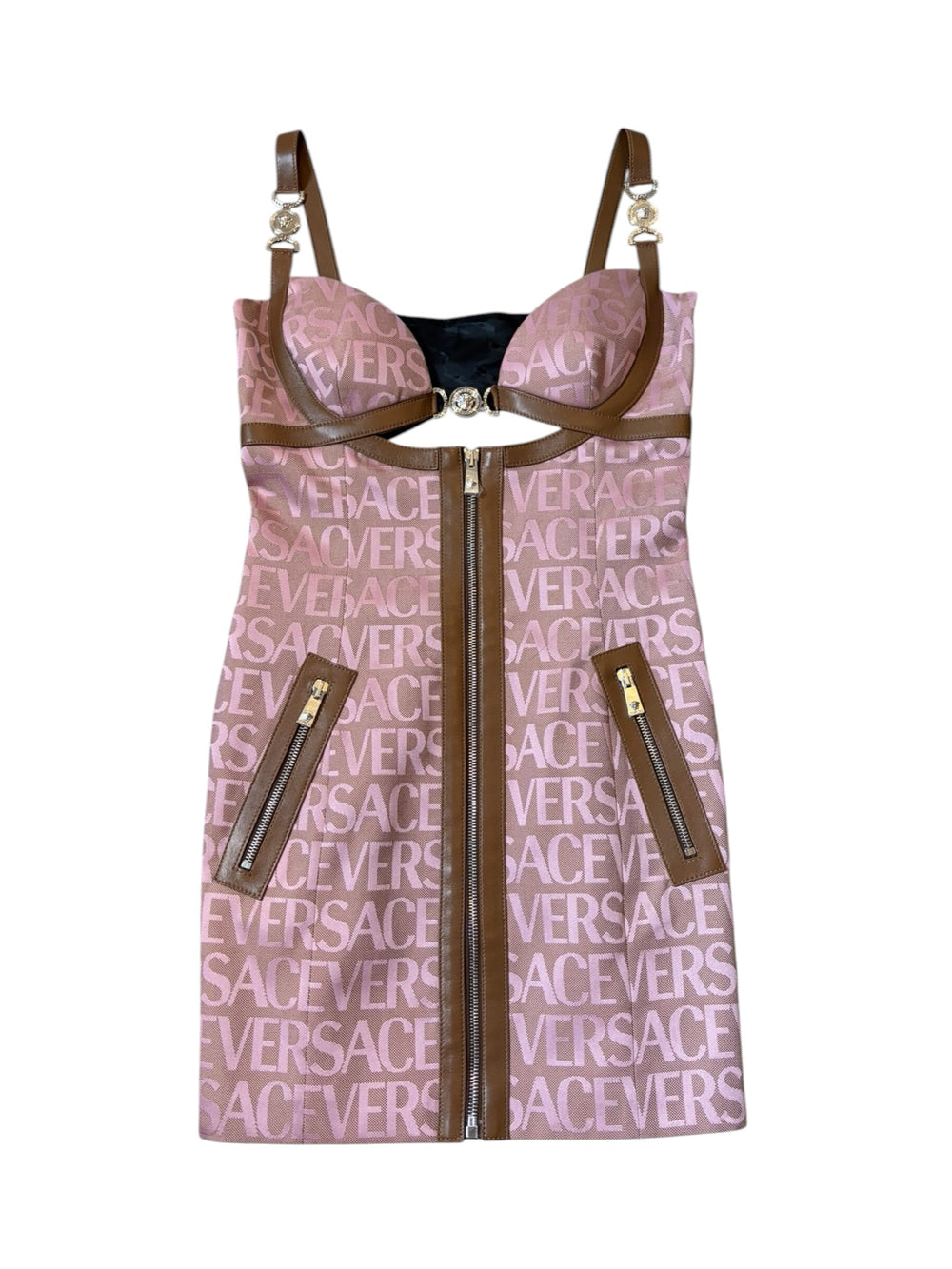 PINK & BROWN LEATHER TRIM LOGO MINI DRESS @SM