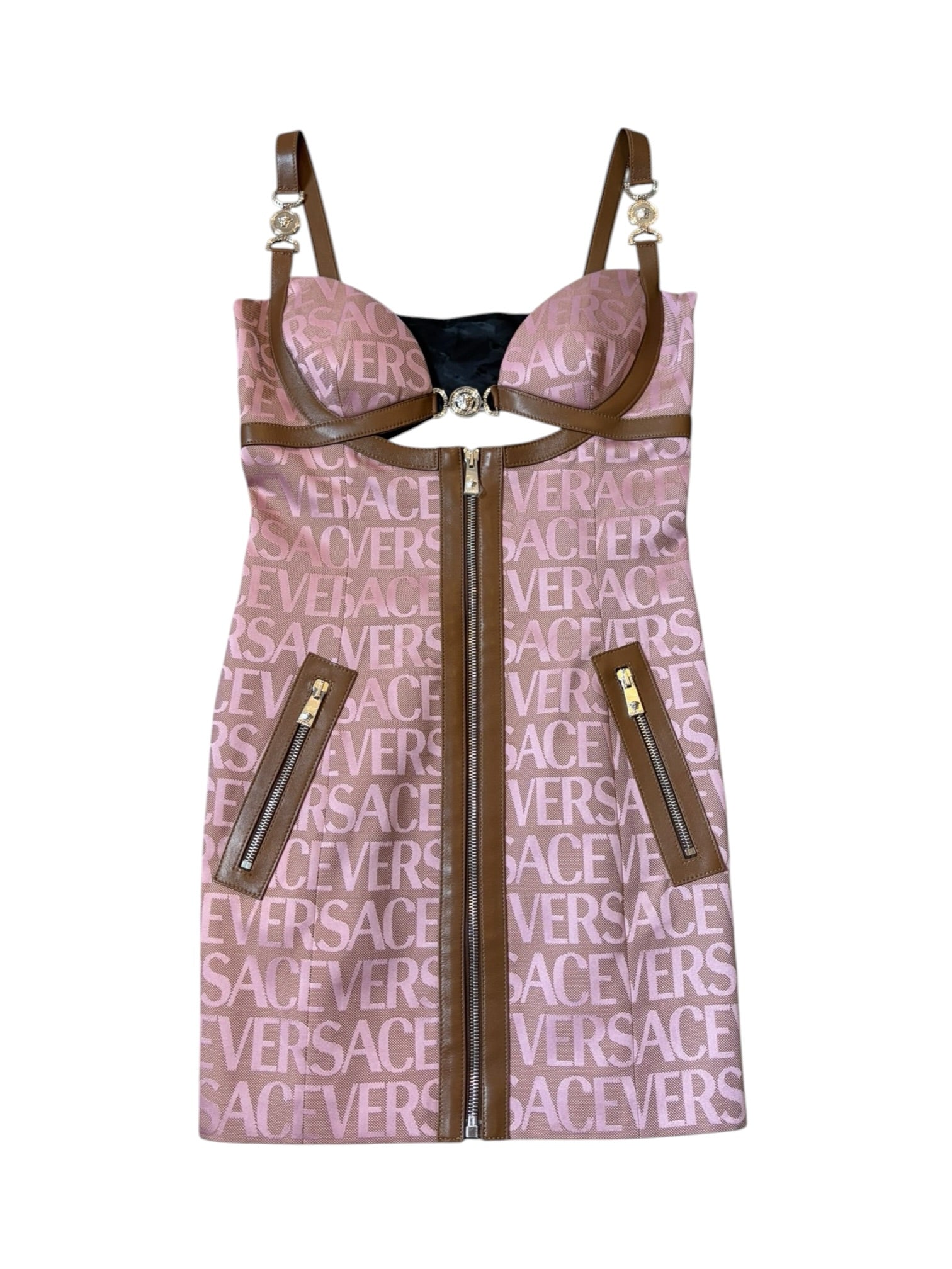 PINK & BROWN LEATHER TRIM LOGO MINI DRESS @SM