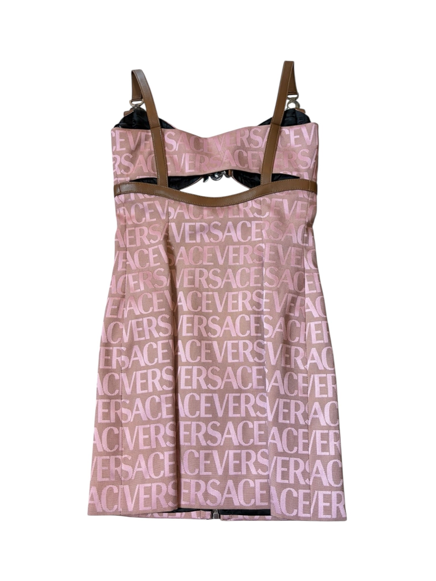 PINK & BROWN LEATHER TRIM LOGO MINI DRESS @SM