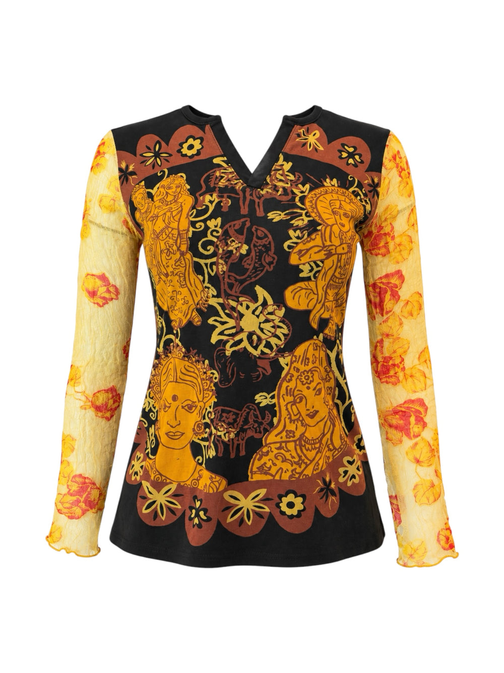 BLACK & YELLOW INDIAN PRINT MESH SLEEVE TOP @JALAK