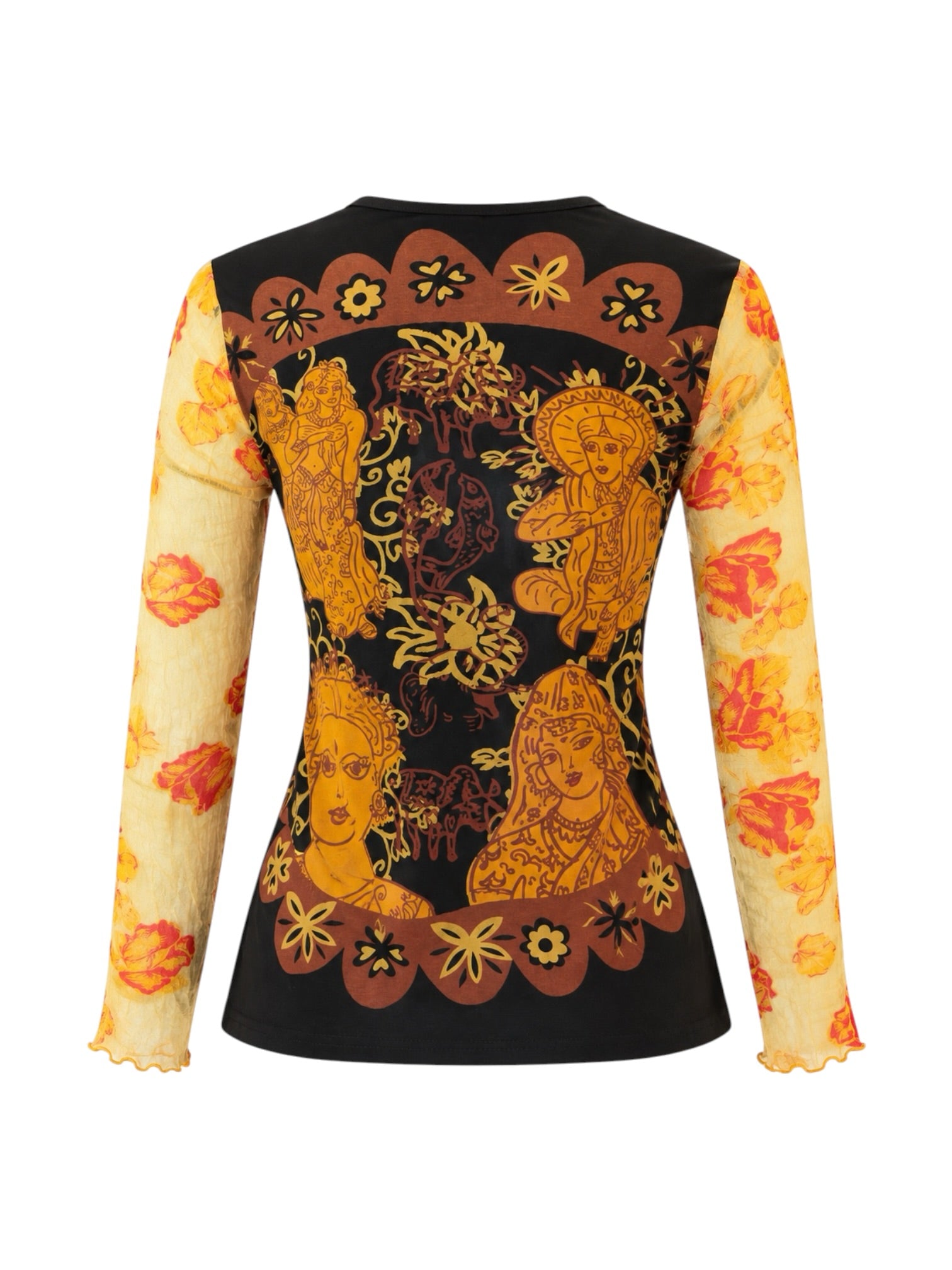 BLACK & YELLOW INDIAN PRINT MESH SLEEVE TOP @JALAK