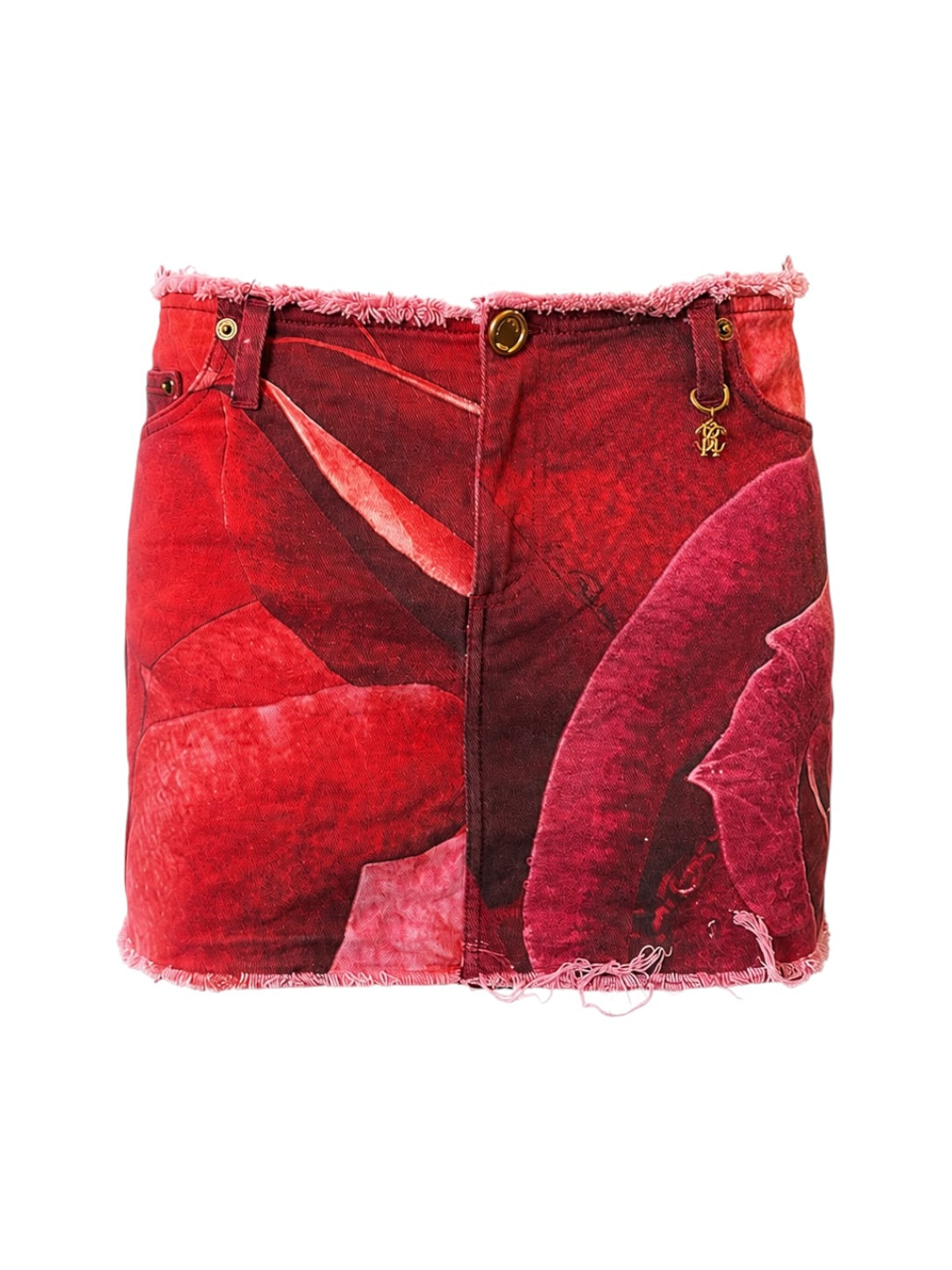 RE EDITION ROSE PRINTED RED DENIM MINI SKIRT