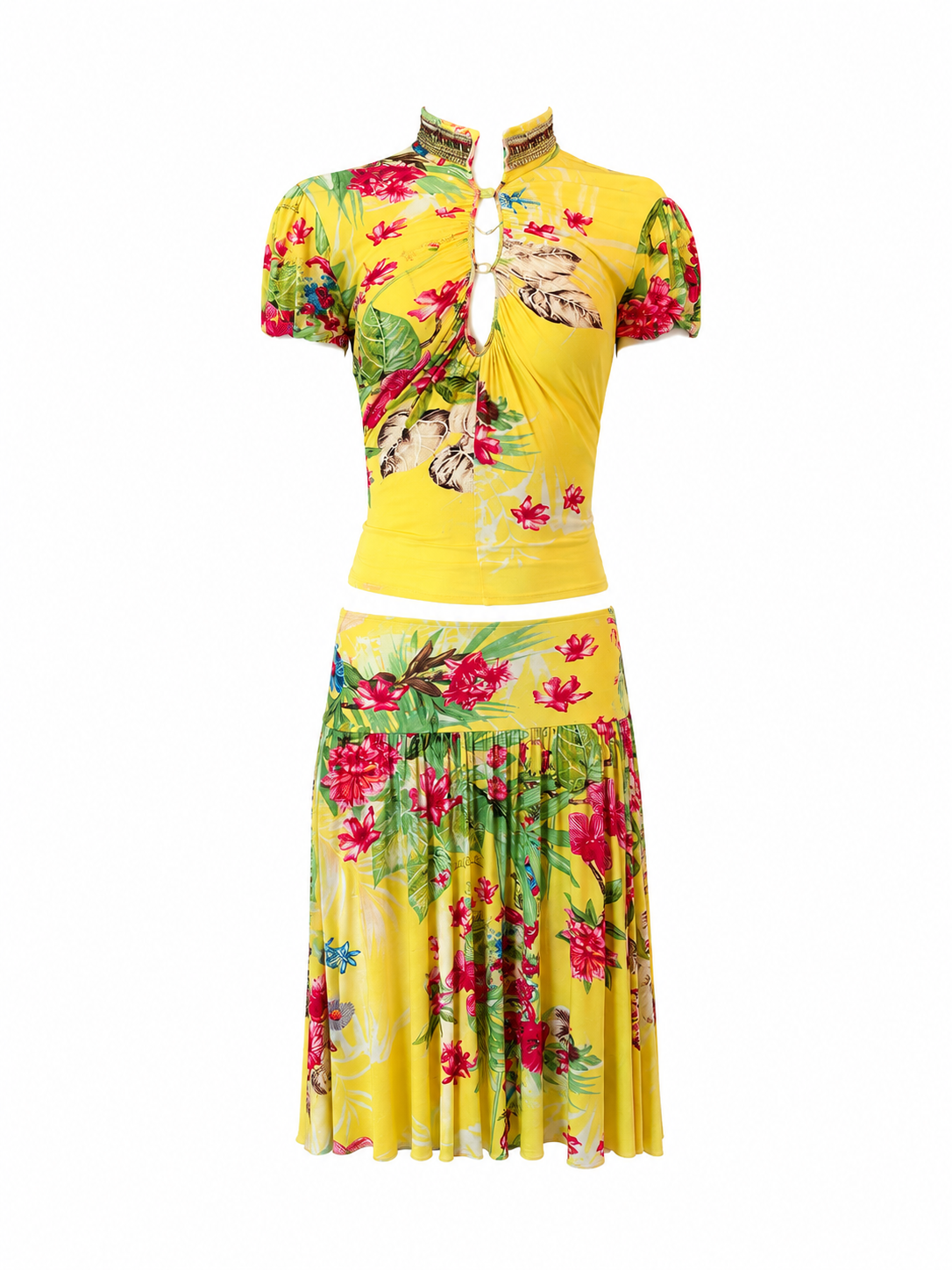FLOWERS AND EAGLE PRINT YELLOW TOP AND SKIRT SET