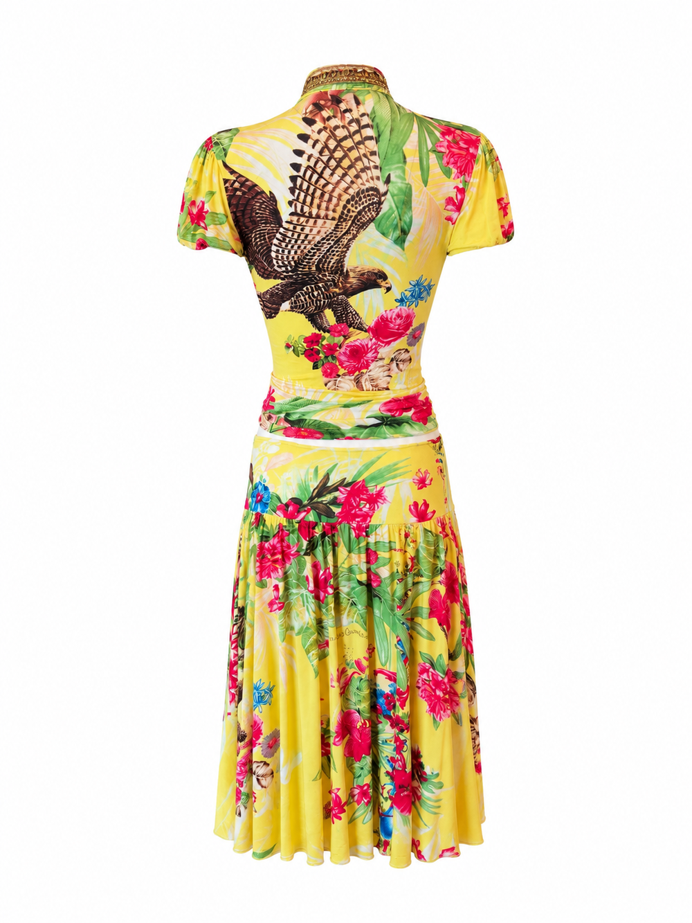 FLOWERS AND EAGLE PRINT YELLOW TOP AND SKIRT SET