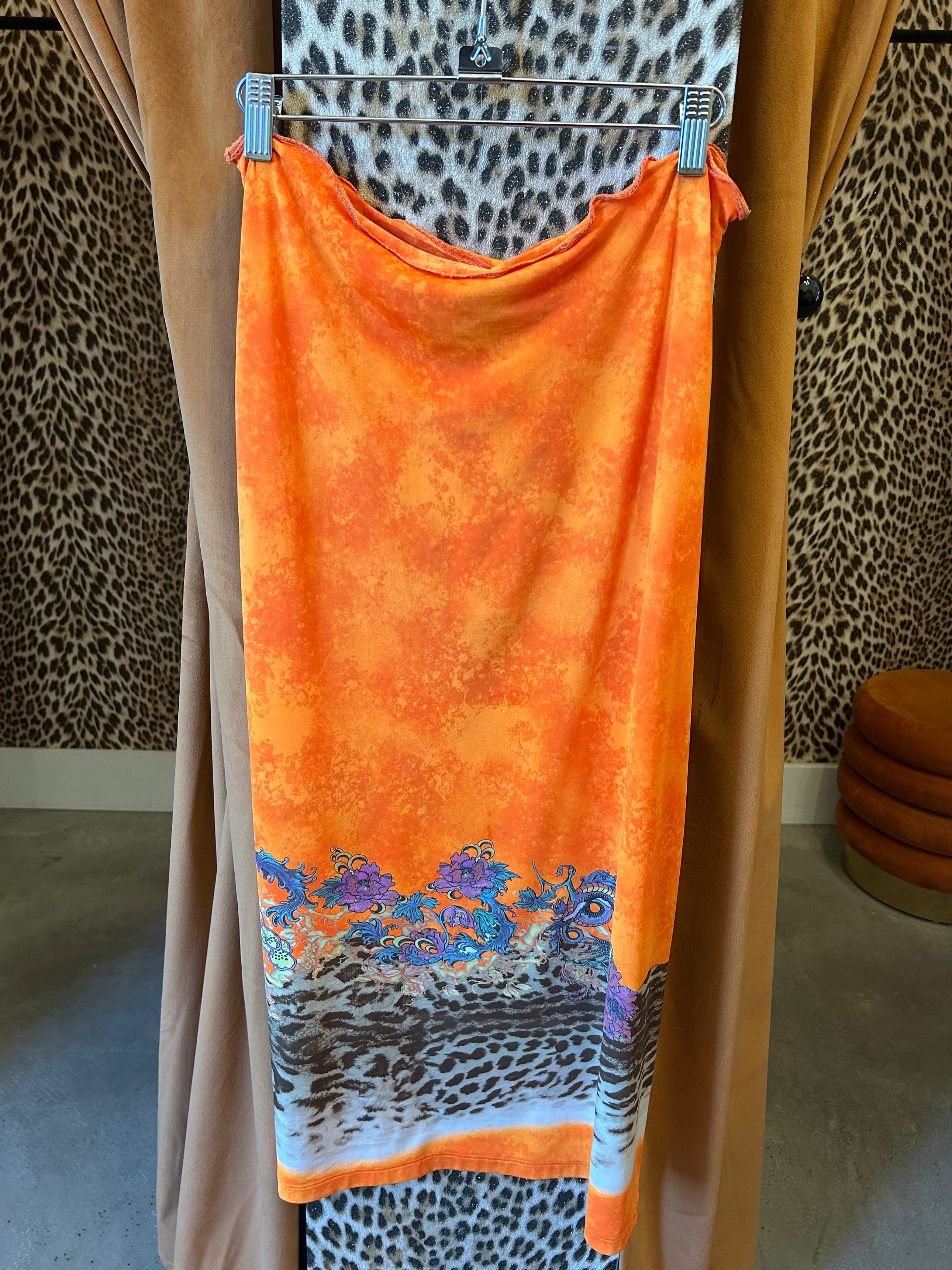 90s ORANGE CHEETAH DRAGON PRINT MAXI SKIRT
