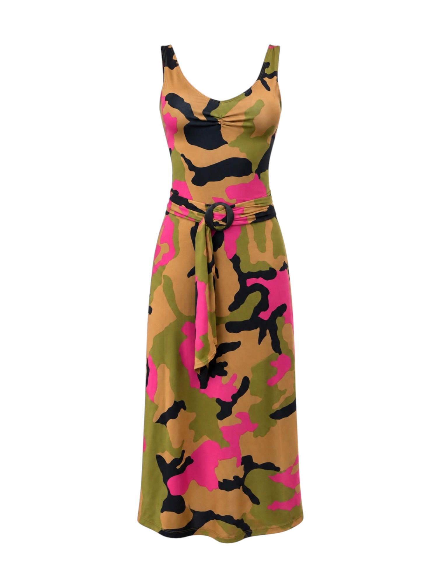 90S CAMOUFLAGE PINK BELTED MIDI DRESS