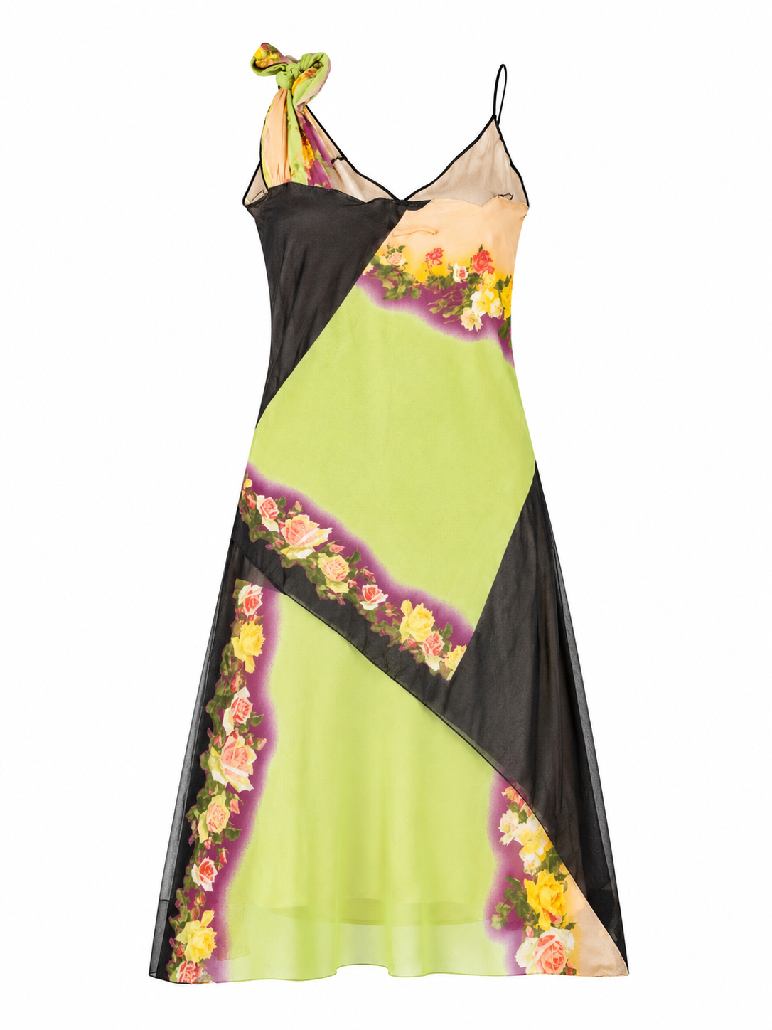 SS02 GREEN/BLACK FLORAL ASYMMETRICAL MIDI DRESS