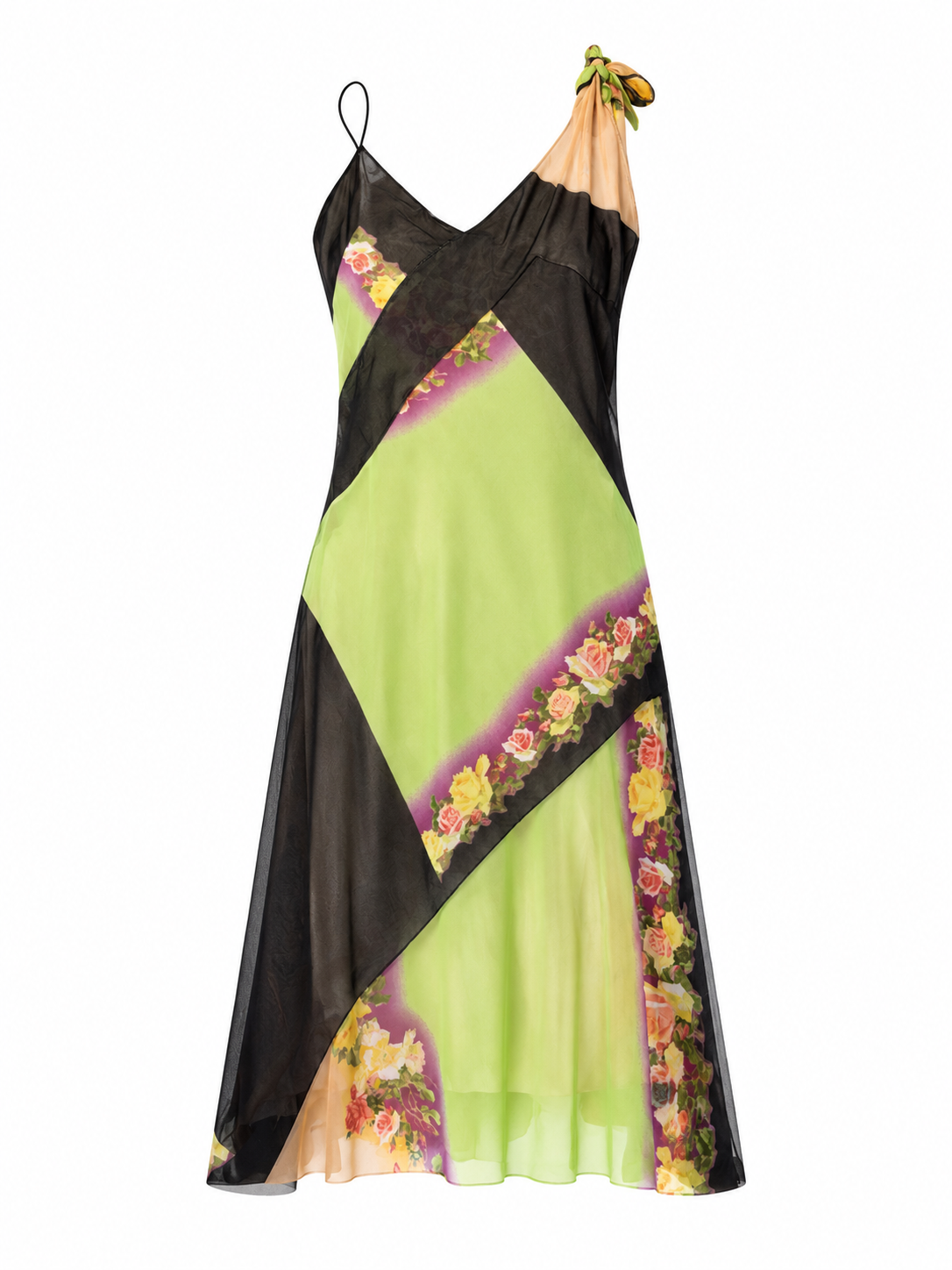 SS02 GREEN/BLACK FLORAL ASYMMETRICAL MIDI DRESS
