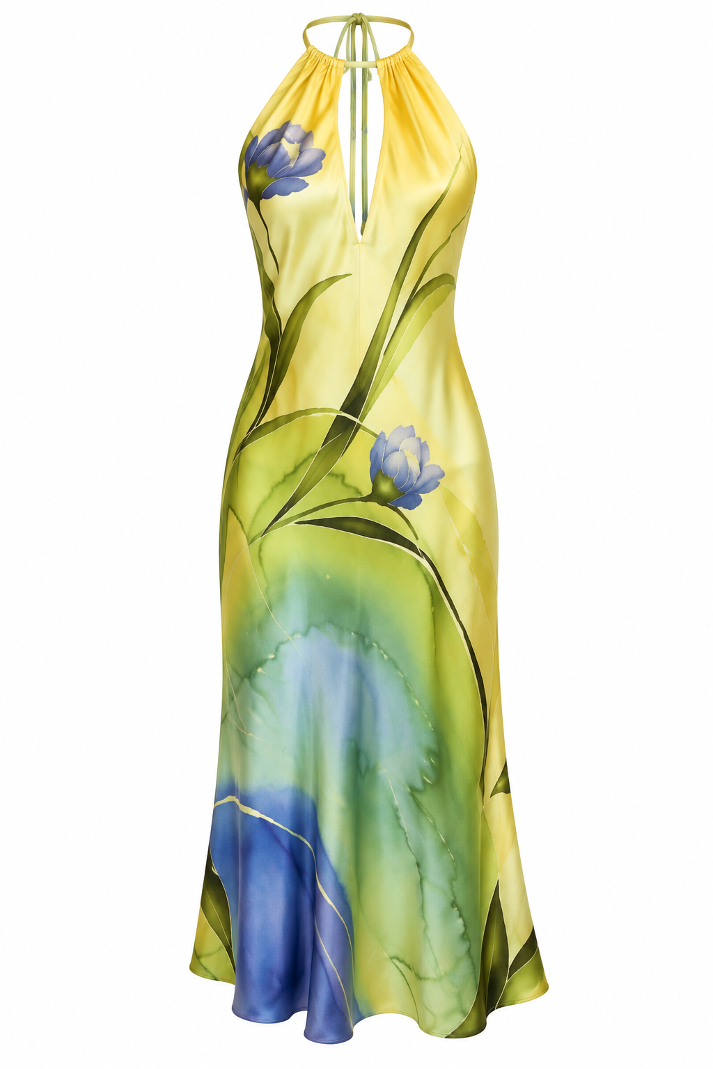 00S YELLOW SILK AND FLORAL HALTER MIDI DRESS