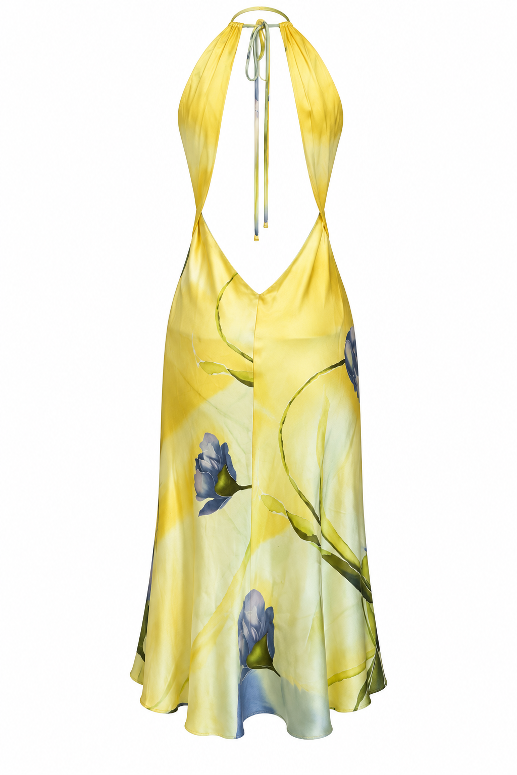 00S YELLOW SILK AND FLORAL HALTER MIDI DRESS