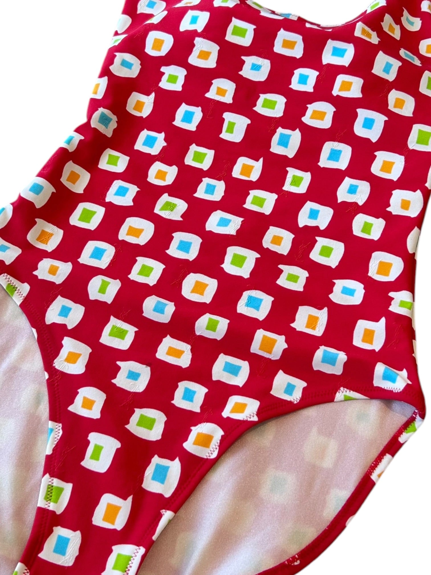 90S RED SQUARE PRINT "YSL" EMBOSSED ONE PIECE SWIM (NWT)