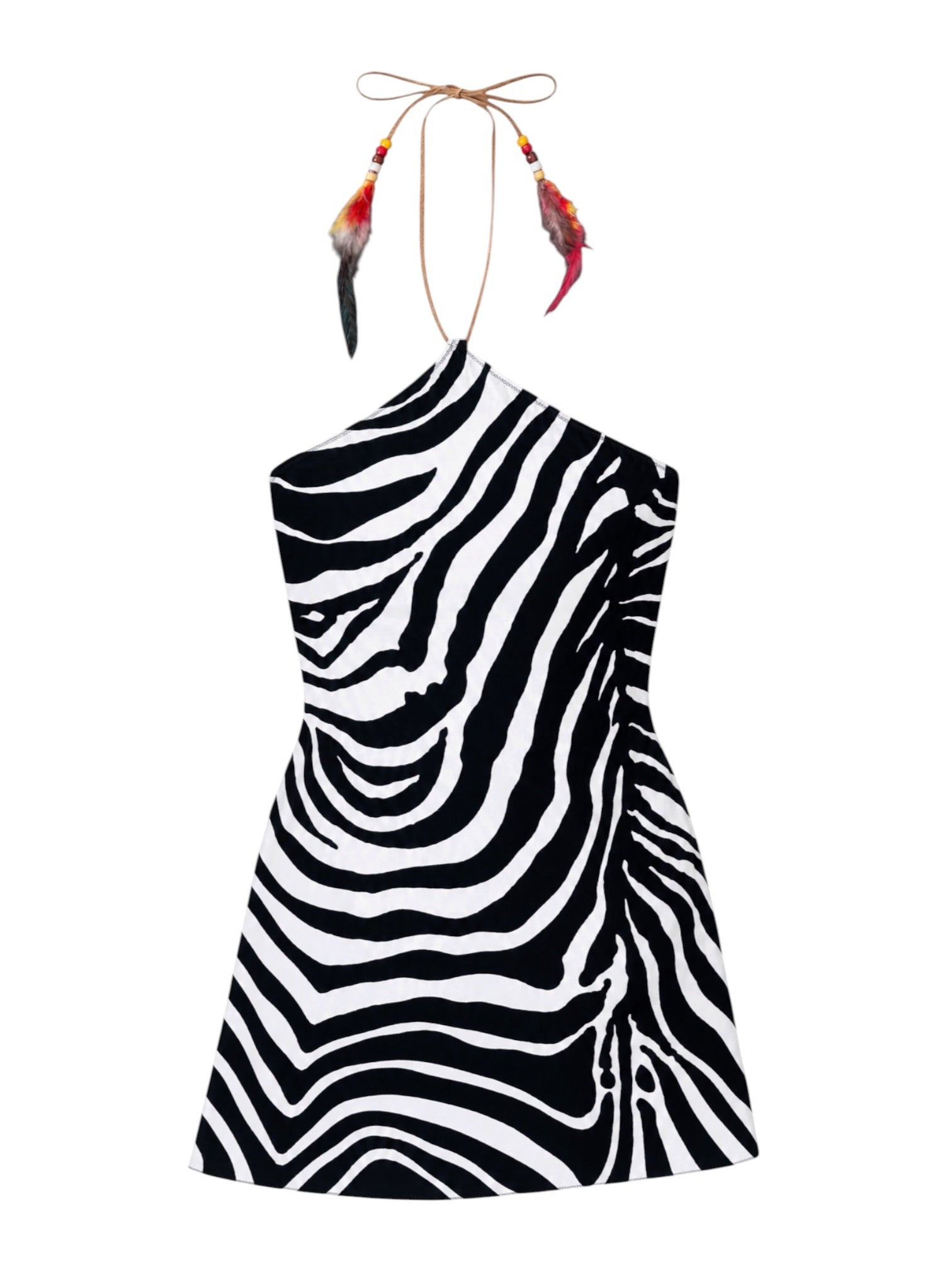 ZEBRA PRINTED MINI HALTER DRESS W FEATHER/BEADING