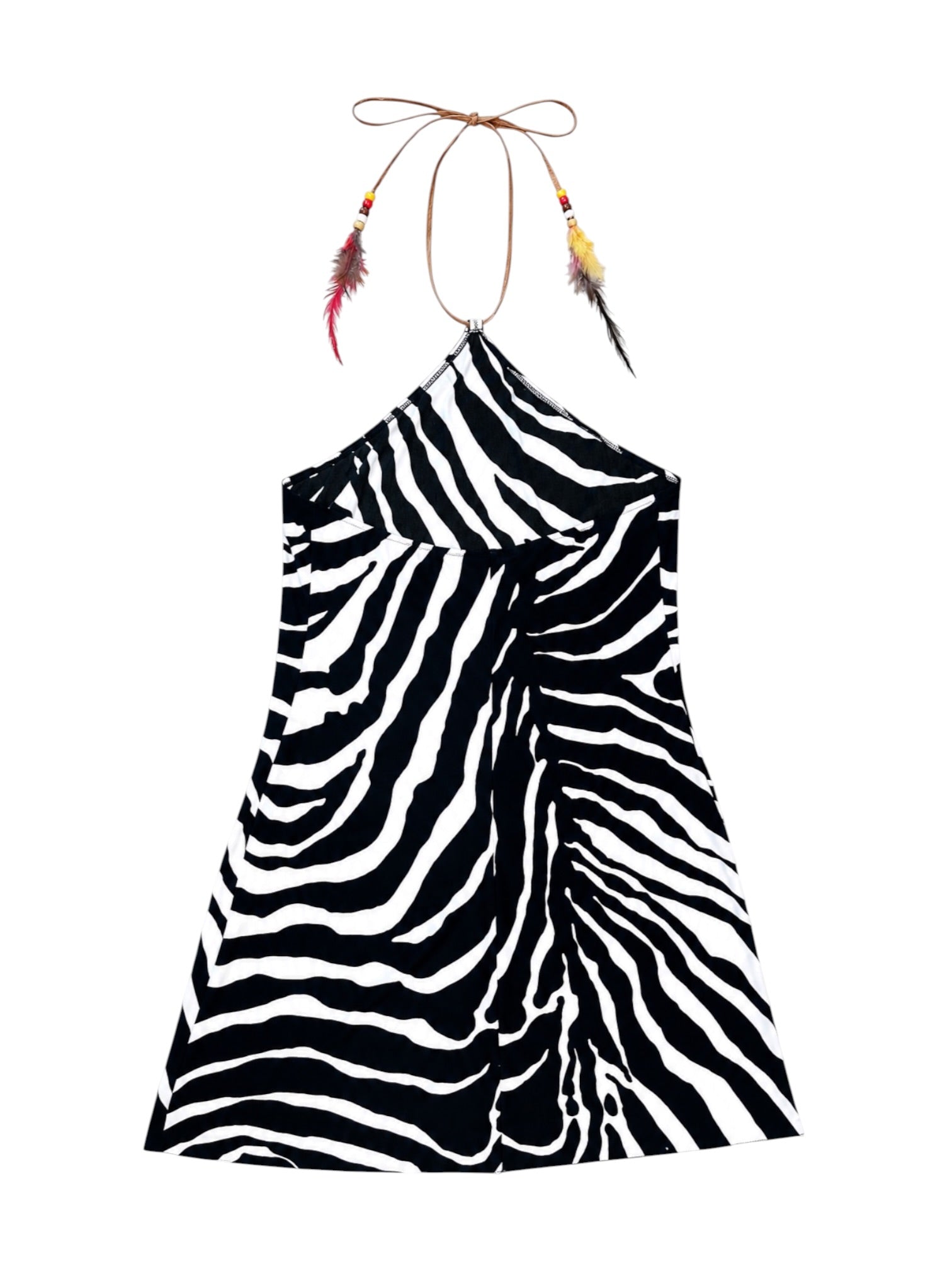 ZEBRA PRINTED MINI HALTER DRESS W FEATHER/BEADING