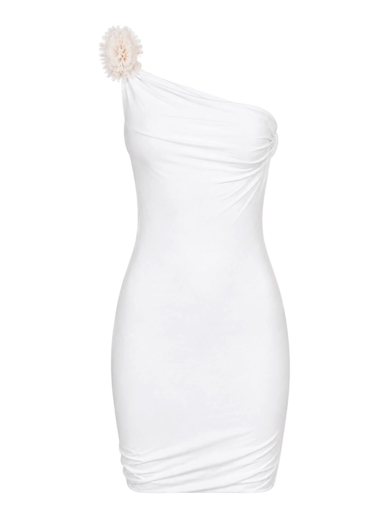 WHITE ONE SHOULDER MINI DRESS W FLORAL TULLE