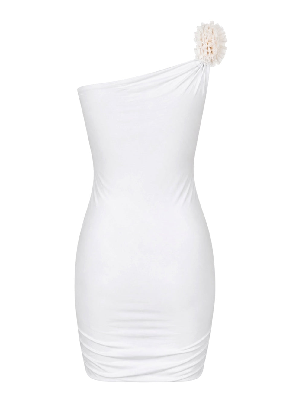 WHITE ONE SHOULDER MINI DRESS W FLORAL TULLE