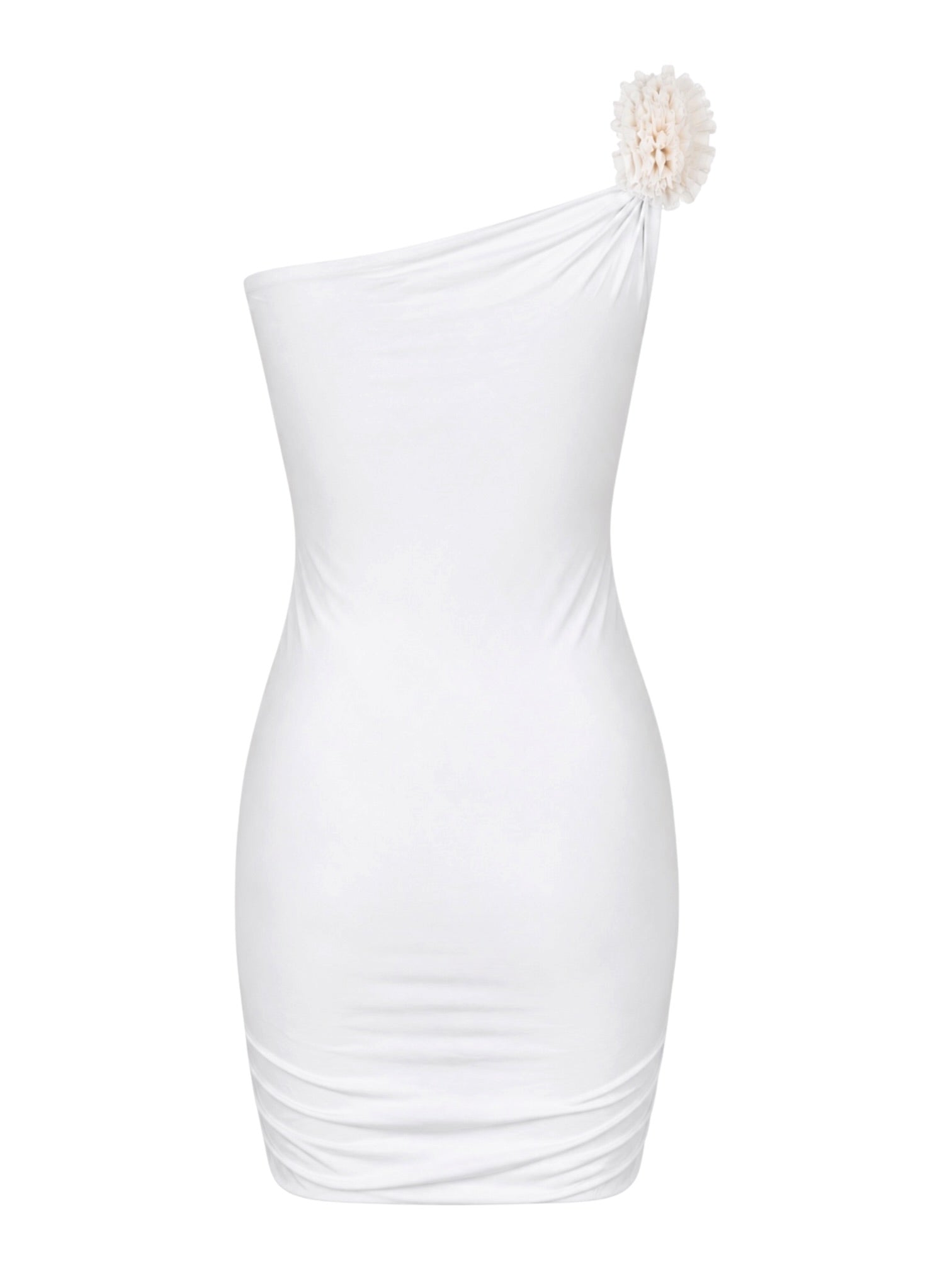 WHITE ONE SHOULDER MINI DRESS W FLORAL TULLE