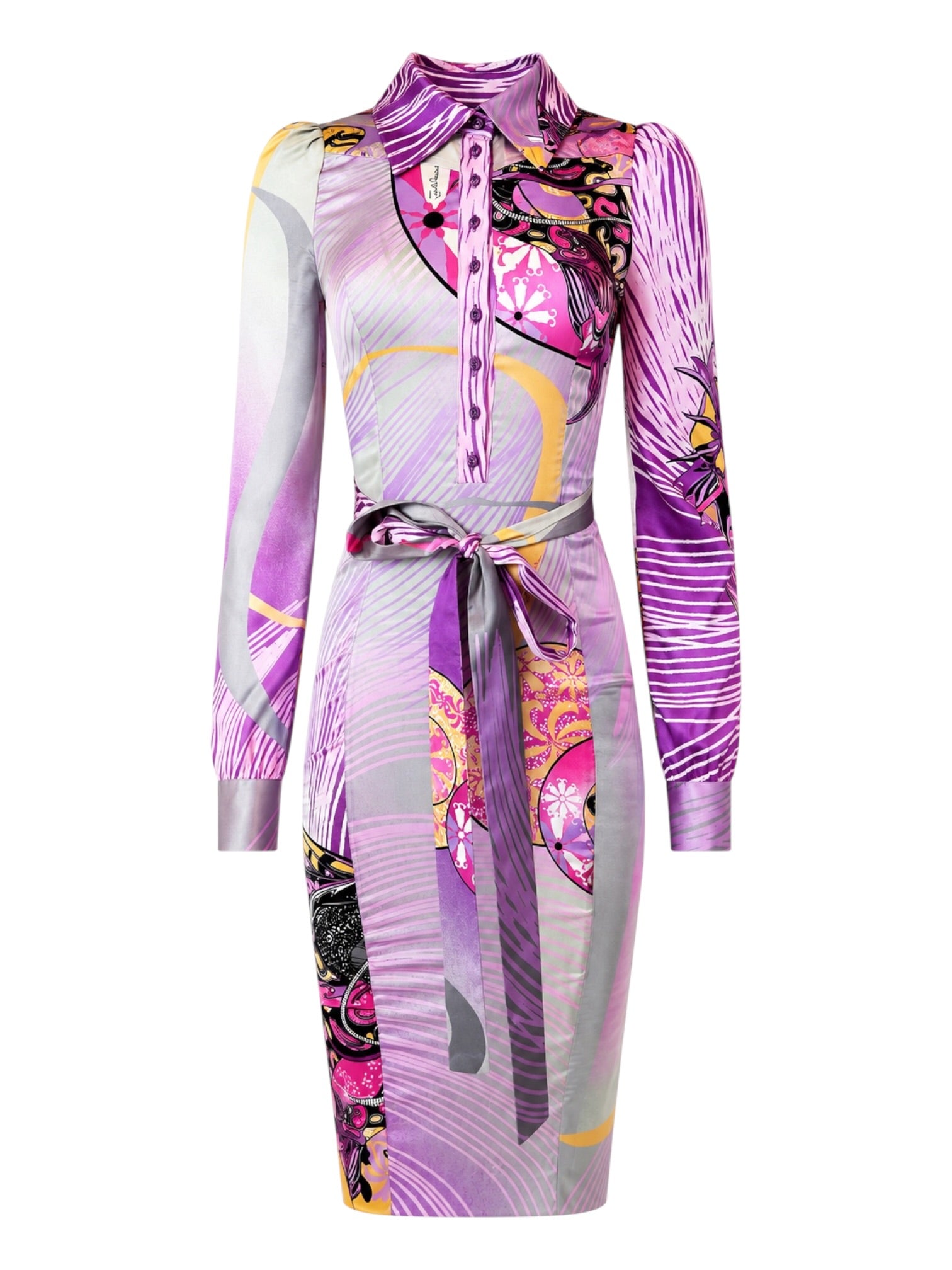 PINK/PURPLE ABSTRACT SILK BUTTON BELT DRESS @AFENI